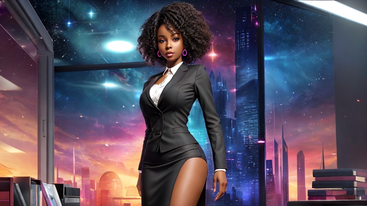 Confident Woman in Futuristic Office Setting
