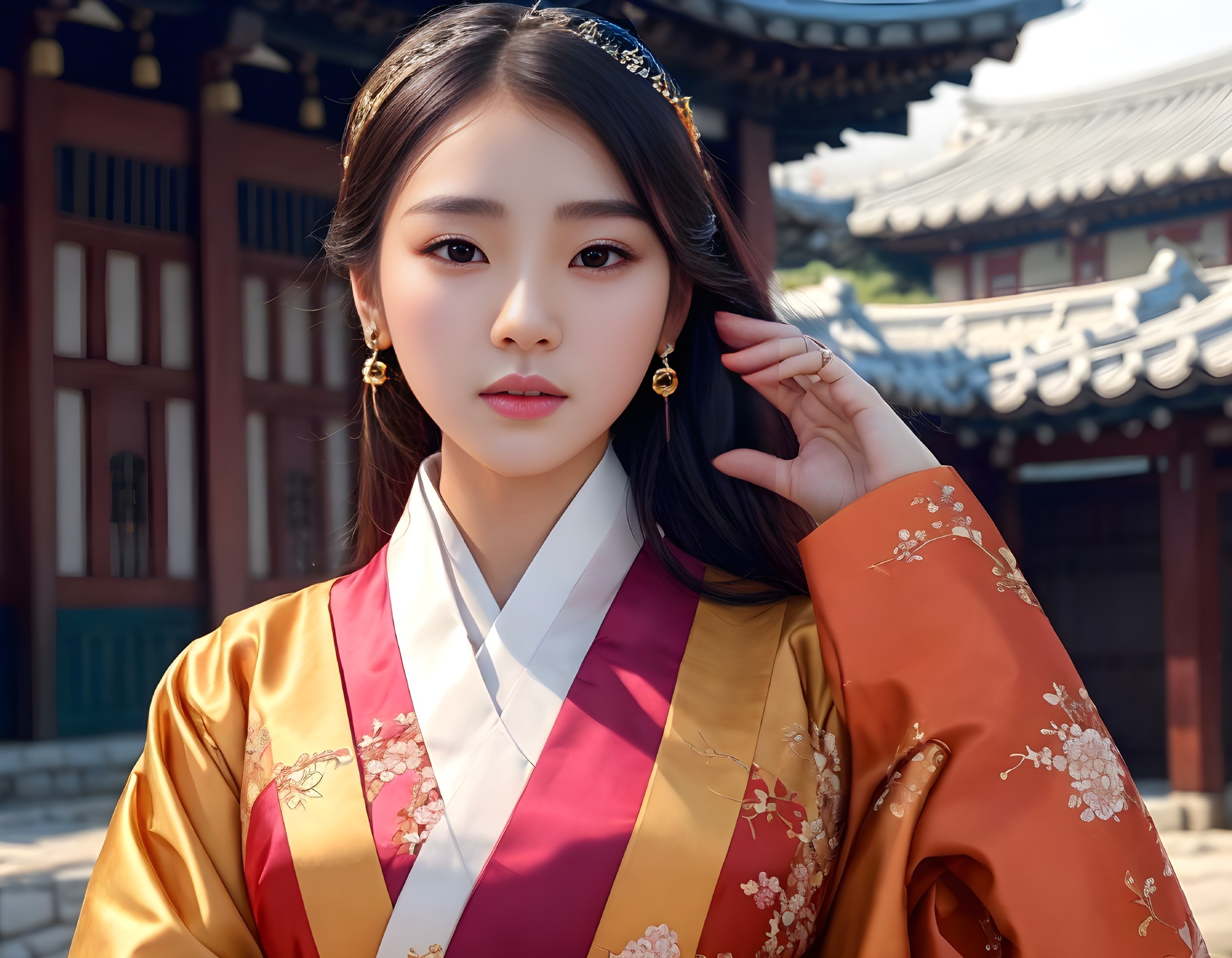 Traditional Korean Hanbok Fashion with Ornate Accessories and Historical Architecture