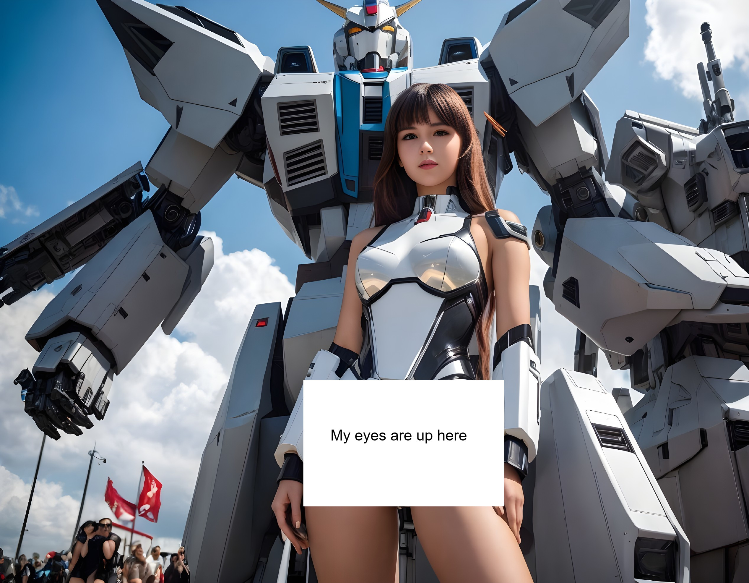 Futuristic white and black costume person with giant blue and white robot under clear sky