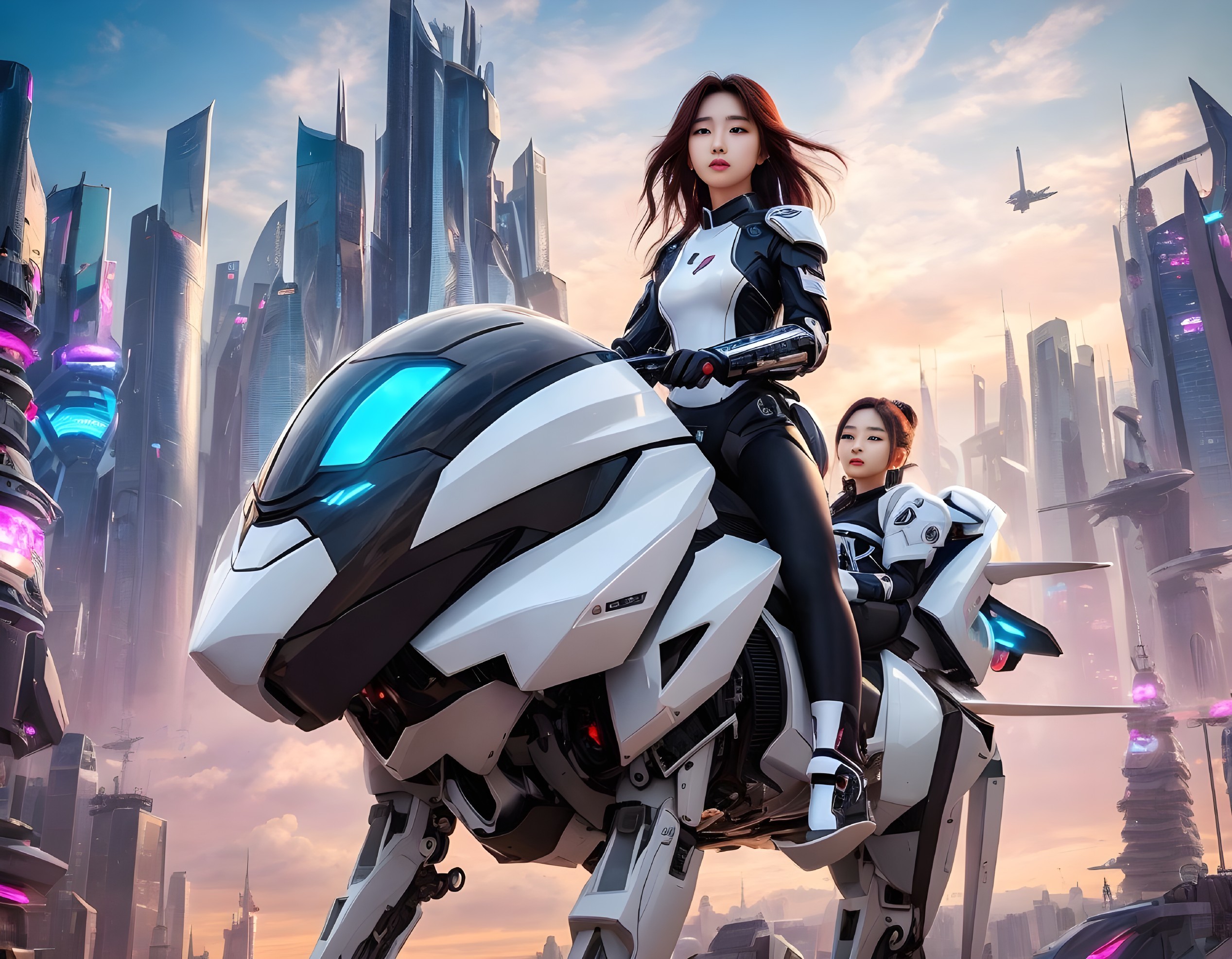 Futuristic female rider on robotic motorbike in cityscape