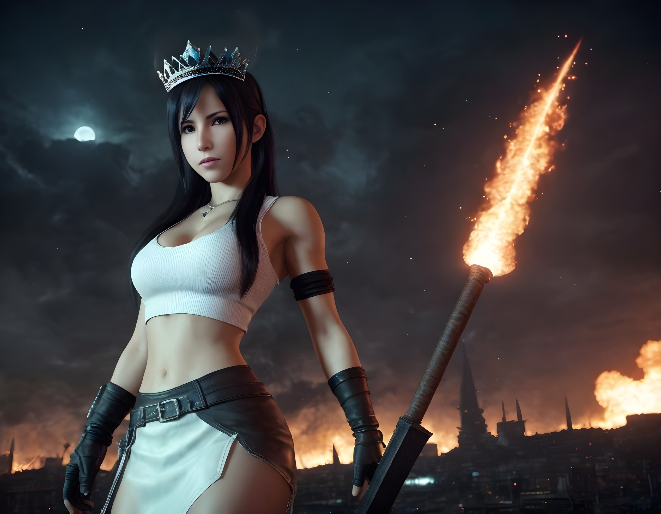 Digital Artwork of Woman with Tiara and Bat in City