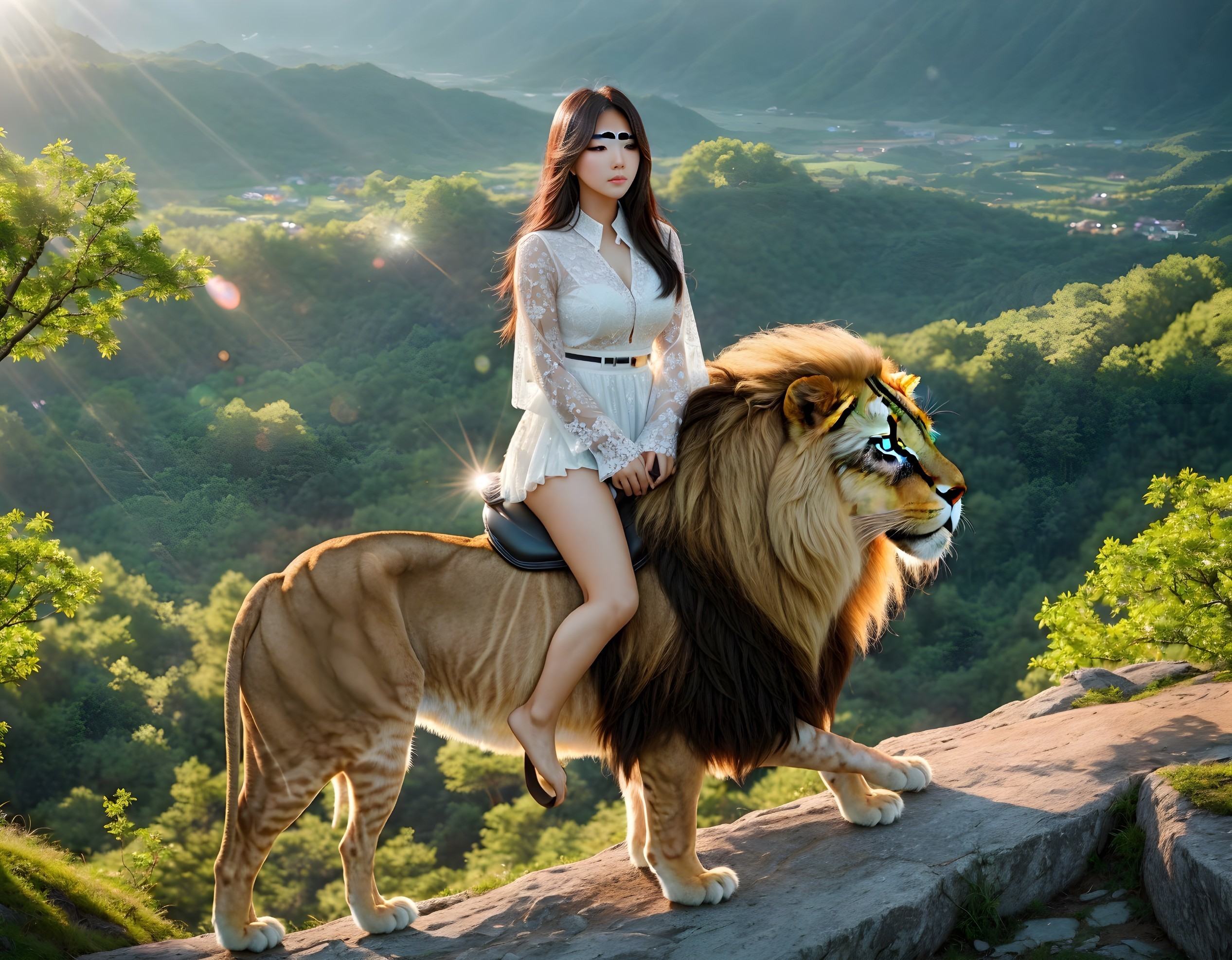 Woman in White Dress Riding Majestic Lion Overlooking Sunlit Valley