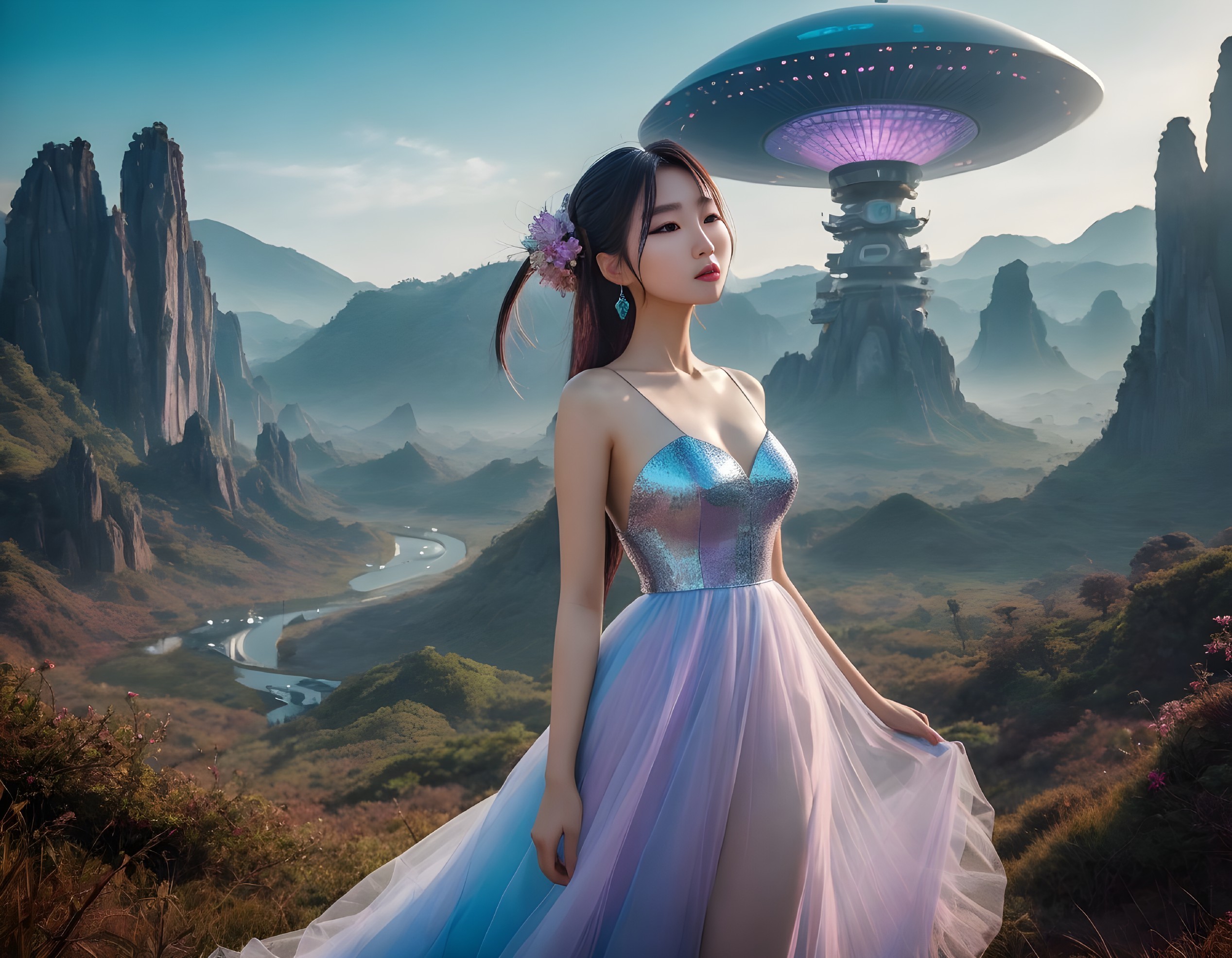 Woman in Dress in Fantastical Landscape with UFO