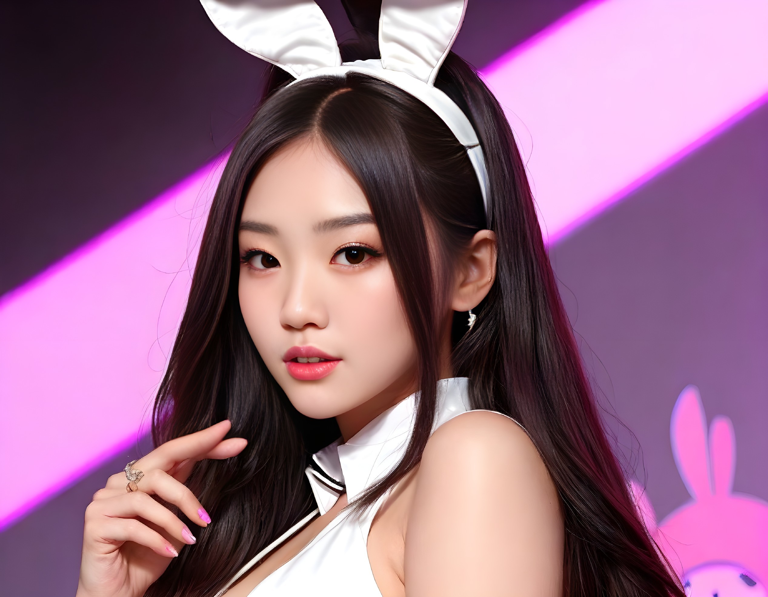 Woman in Bunny Costume Poses on Pink and Purple Background