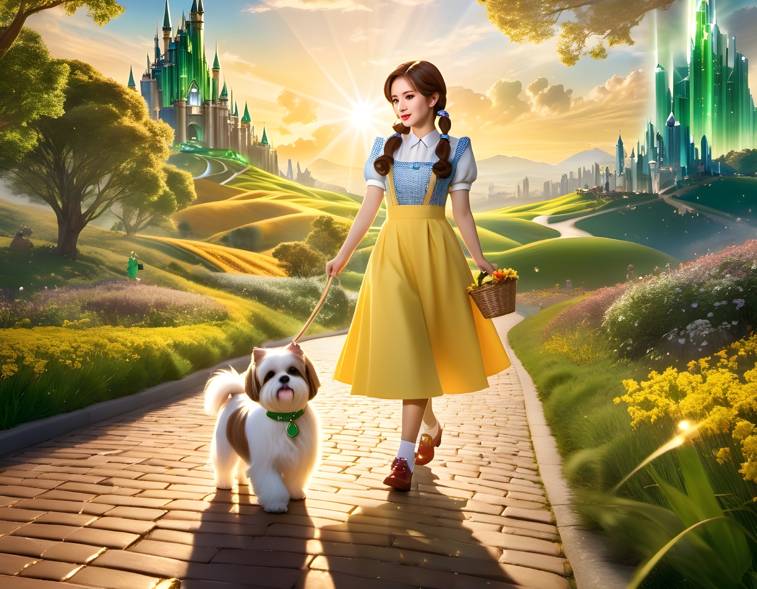 Woman with dog on brick road in vibrant landscape