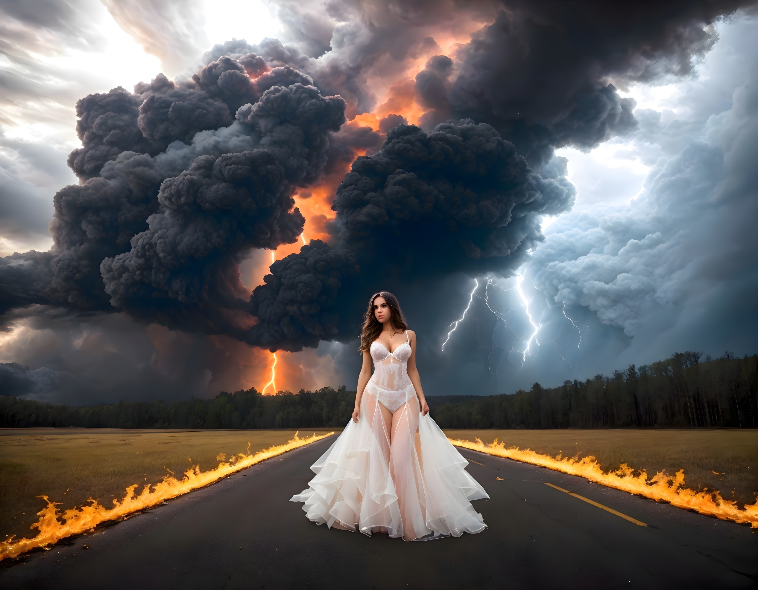 Woman in white dress on road surrounded by flames under stormy sky