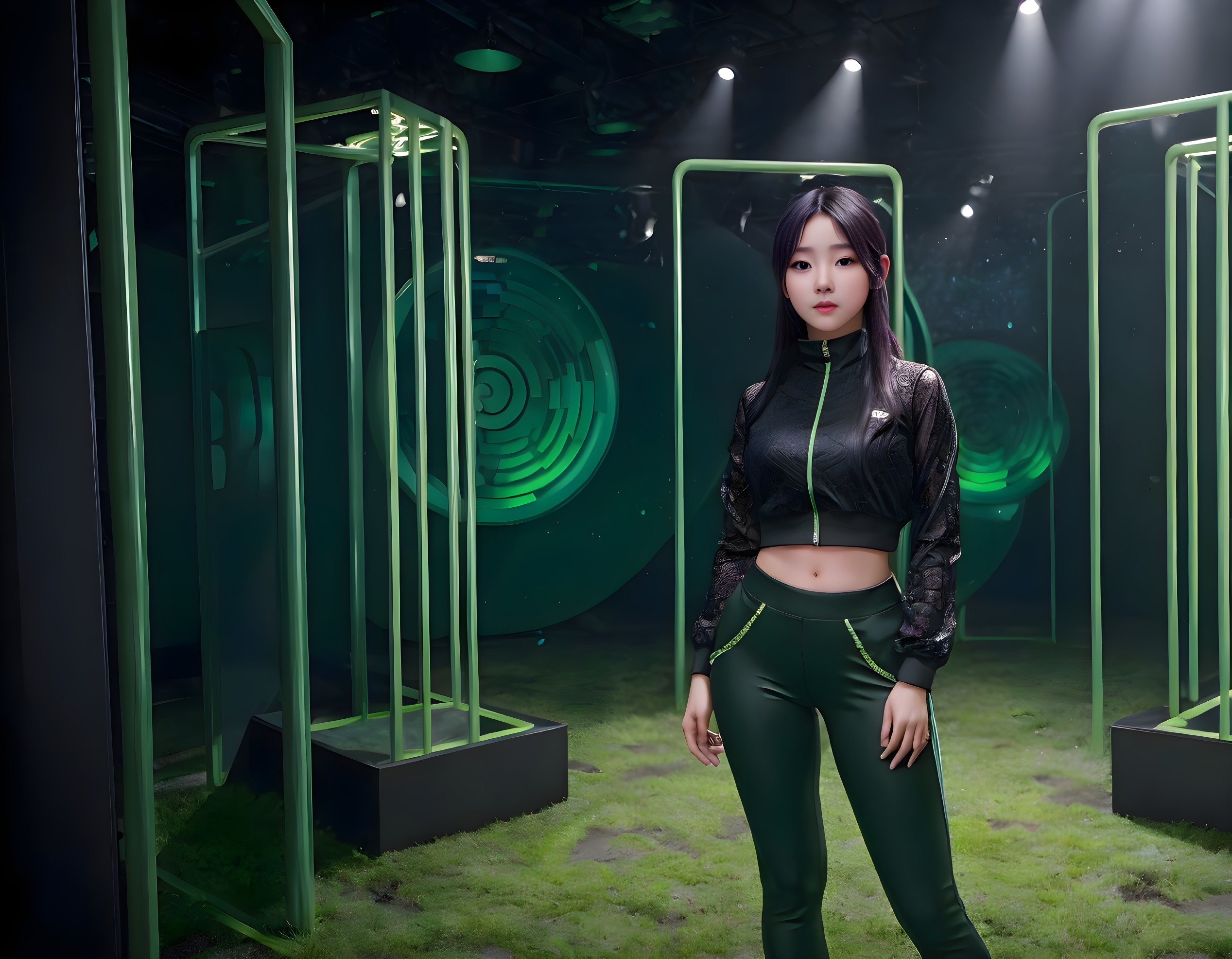 Woman in Green Tracksuit in Futuristic Room with Neon Green Lighting