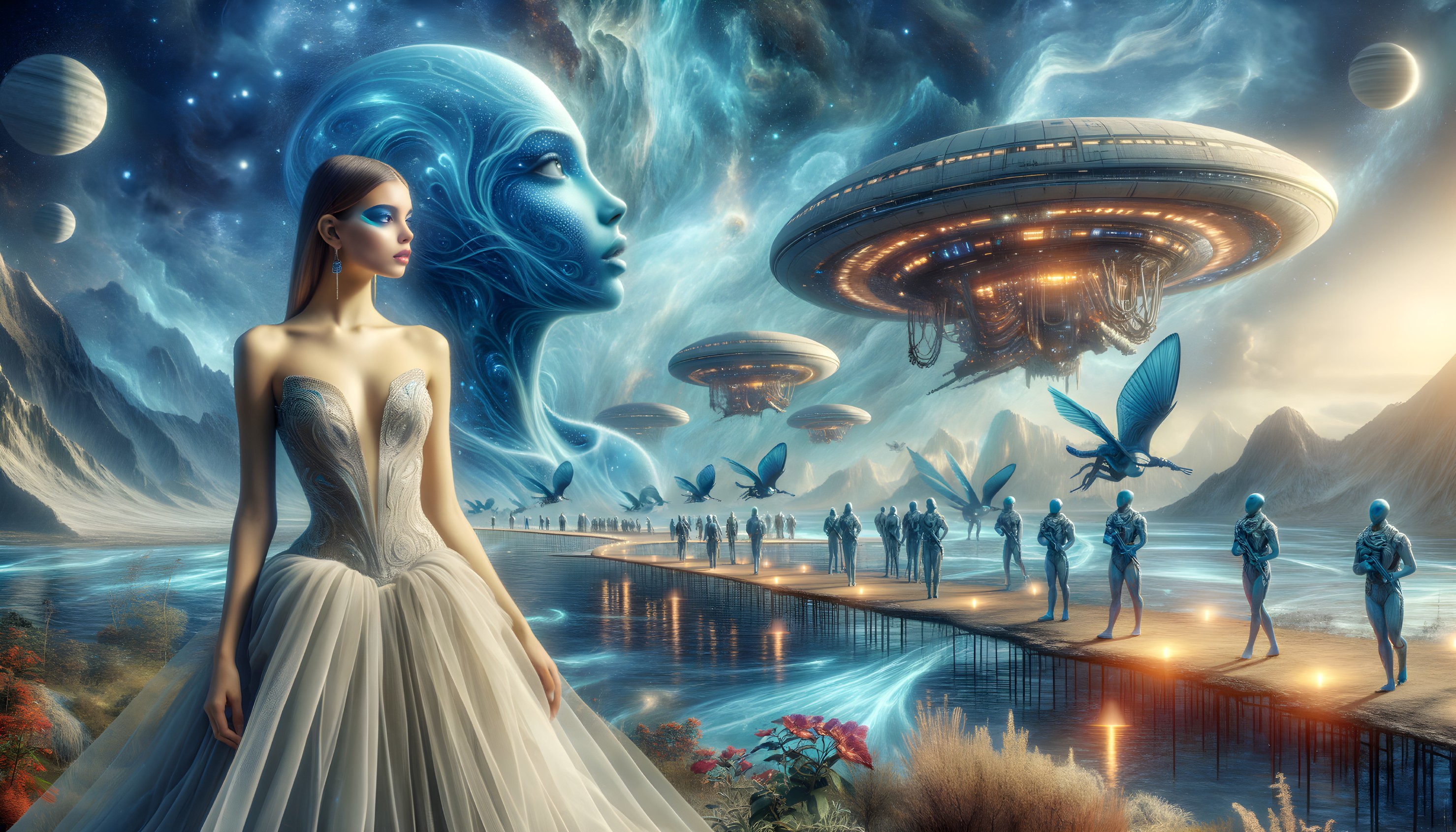 Woman in white dress on surreal bridge with giant blue face, aliens, and cosmic sky