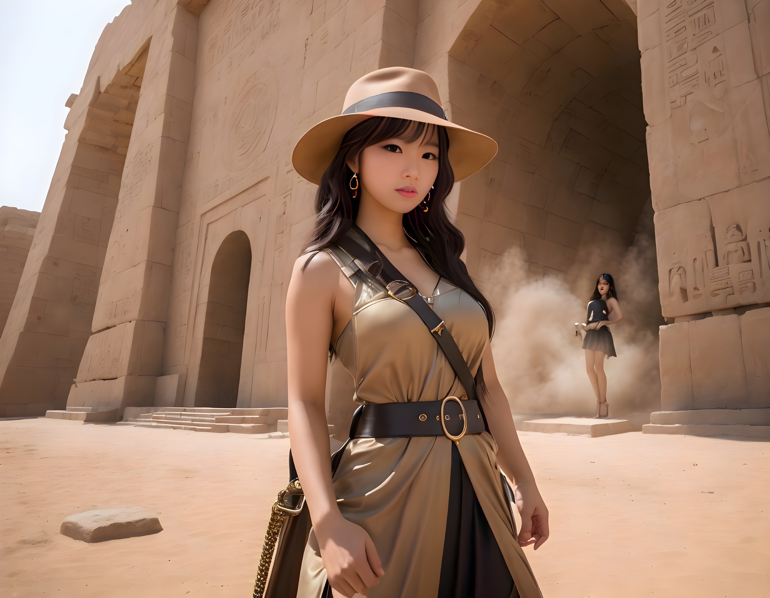 Fashionable woman in trench dress and hat at ancient temple with another woman in background