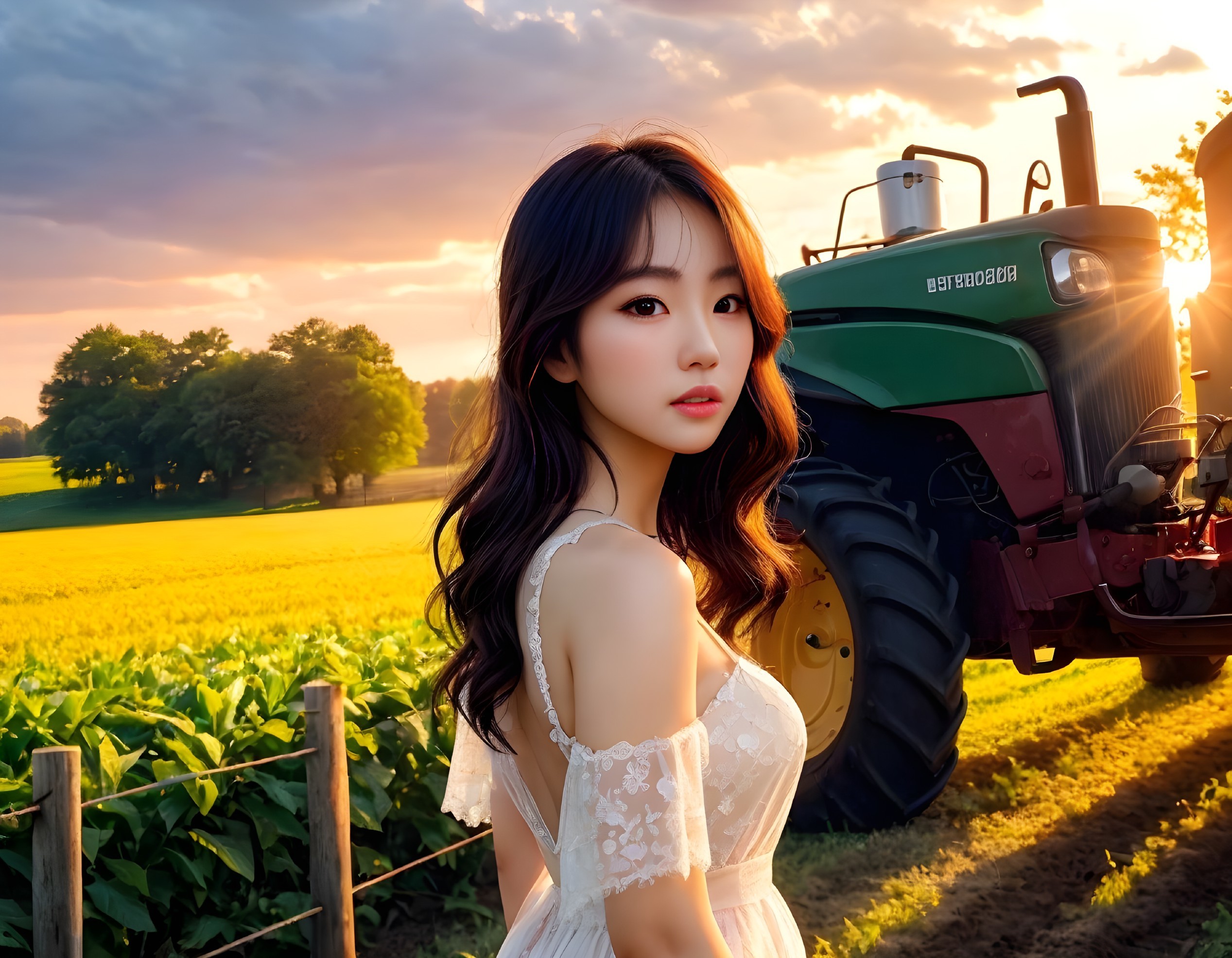 Woman in White Lace Dress by Tractor at Sunset