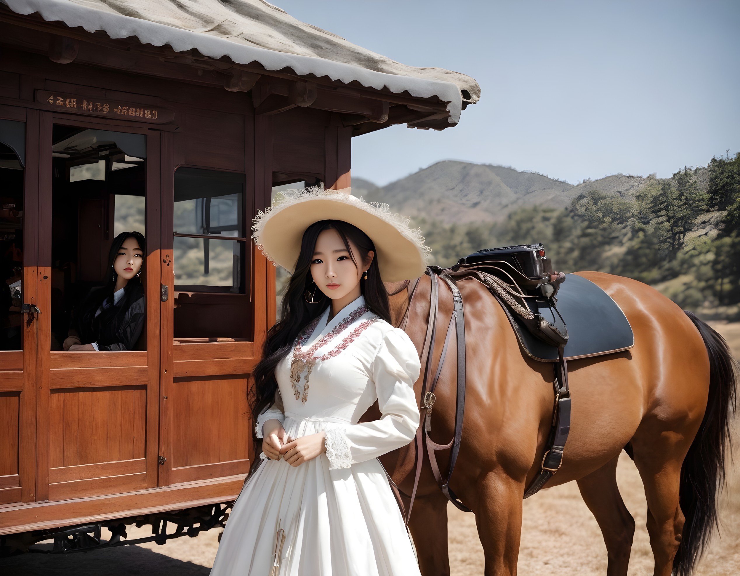 Vintage Woman in White Dress with Horse and Carriage