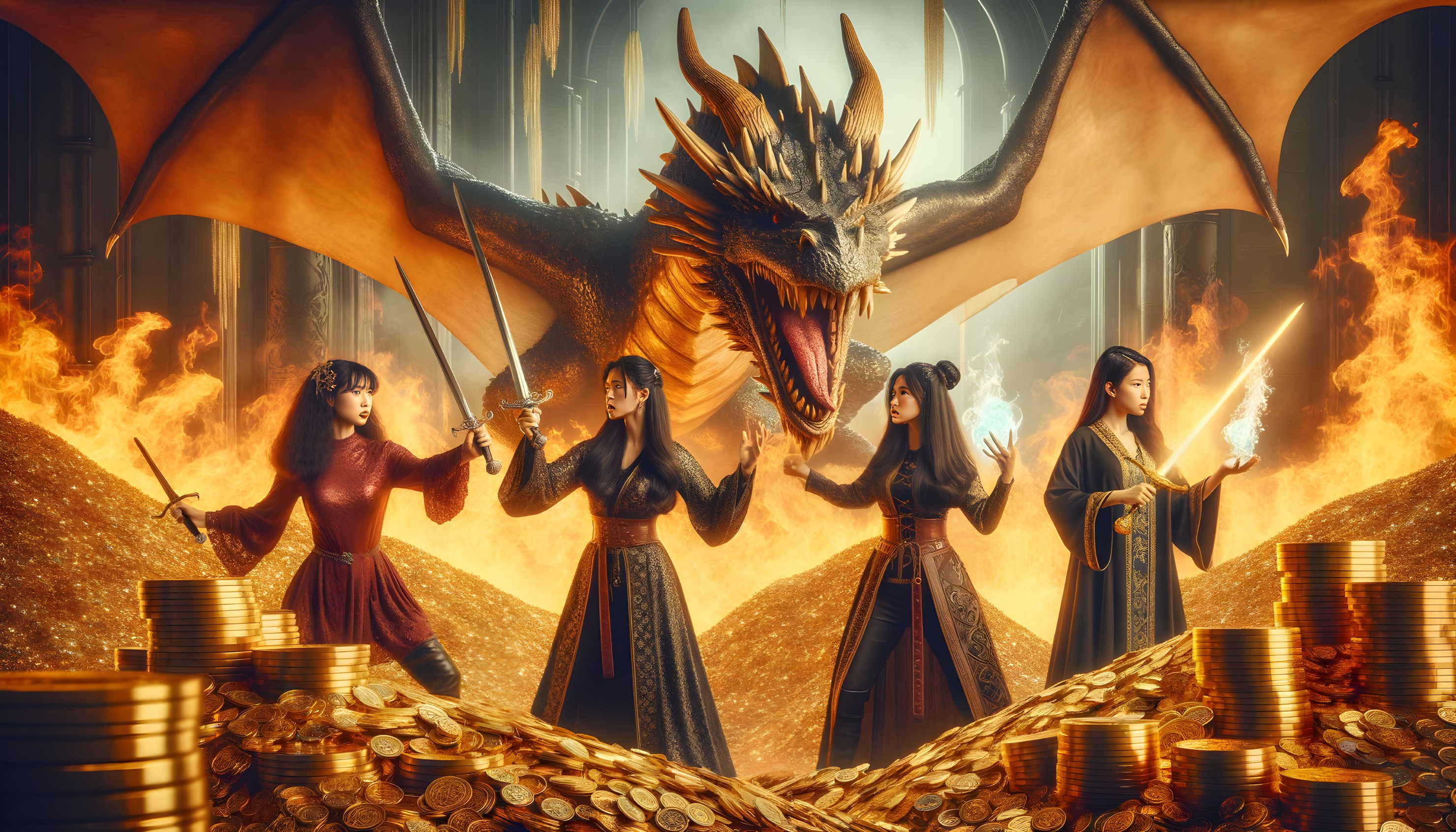 Warrior Women Confront Dragon in Treasure Room