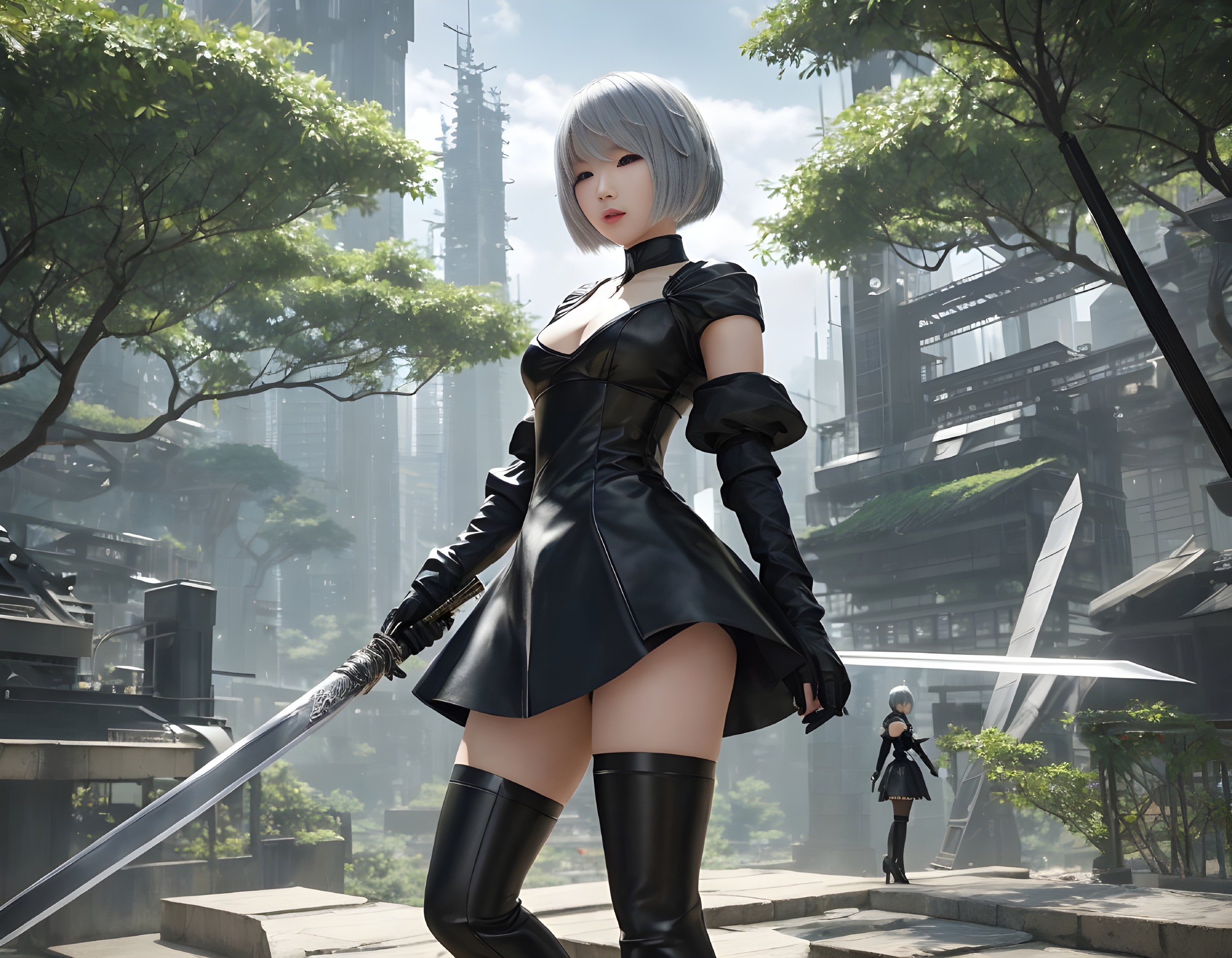 Short White-Haired Female Character in Black Dress with Sword in Futuristic Cityscape