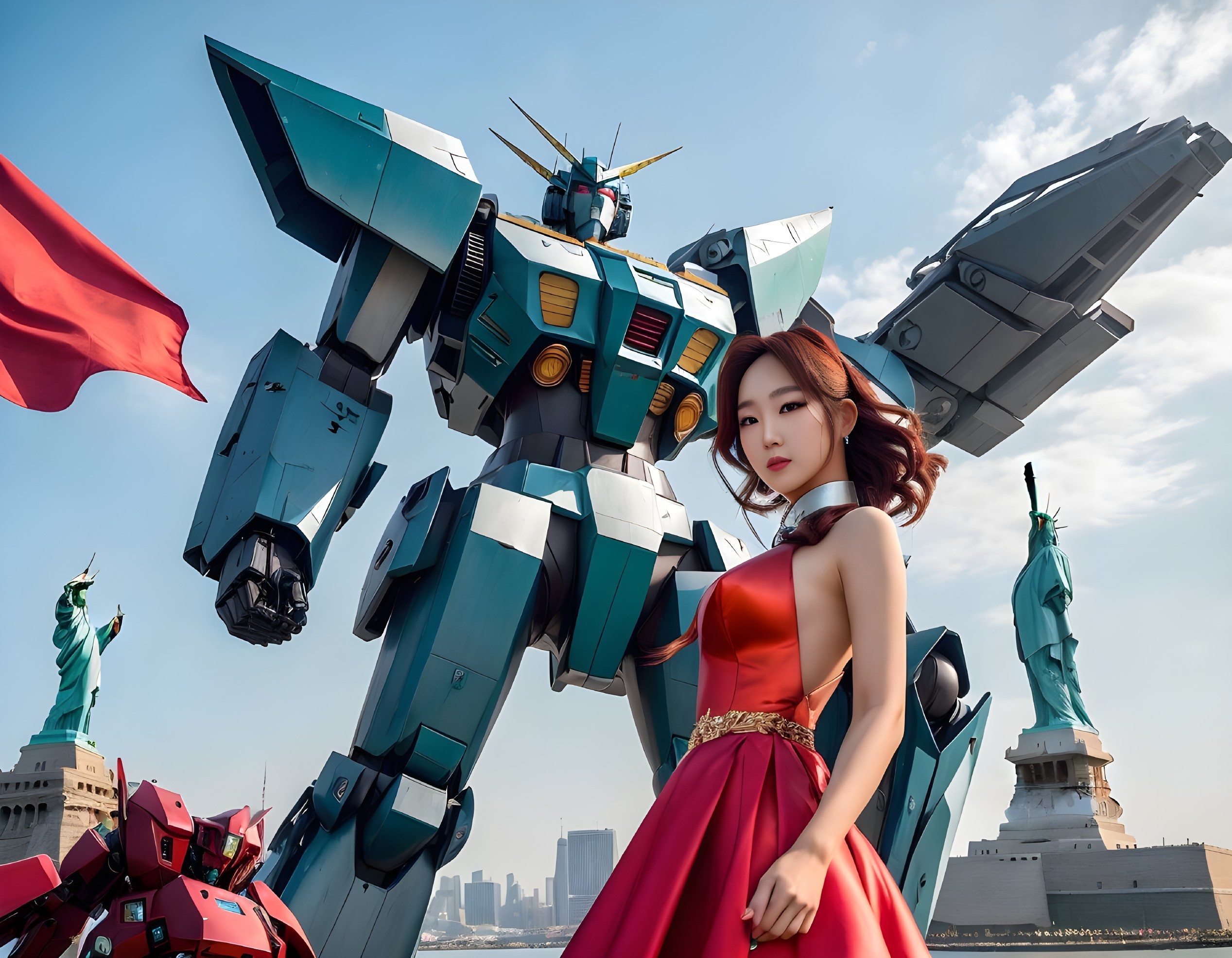 Woman in Red Dress with Giant Robot and Liberty Statue