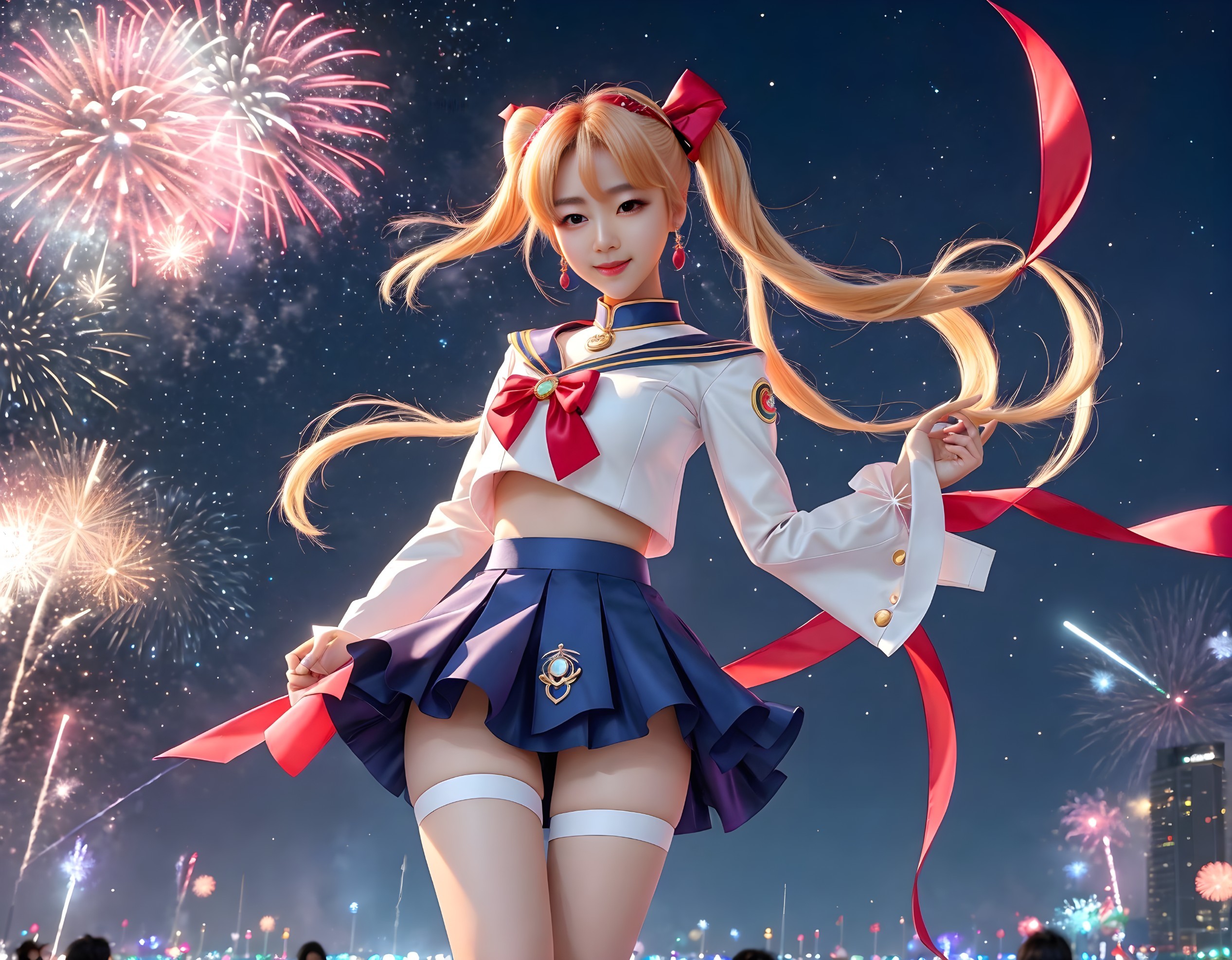 Anime-inspired costume with ribbons and pigtails under nighttime fireworks