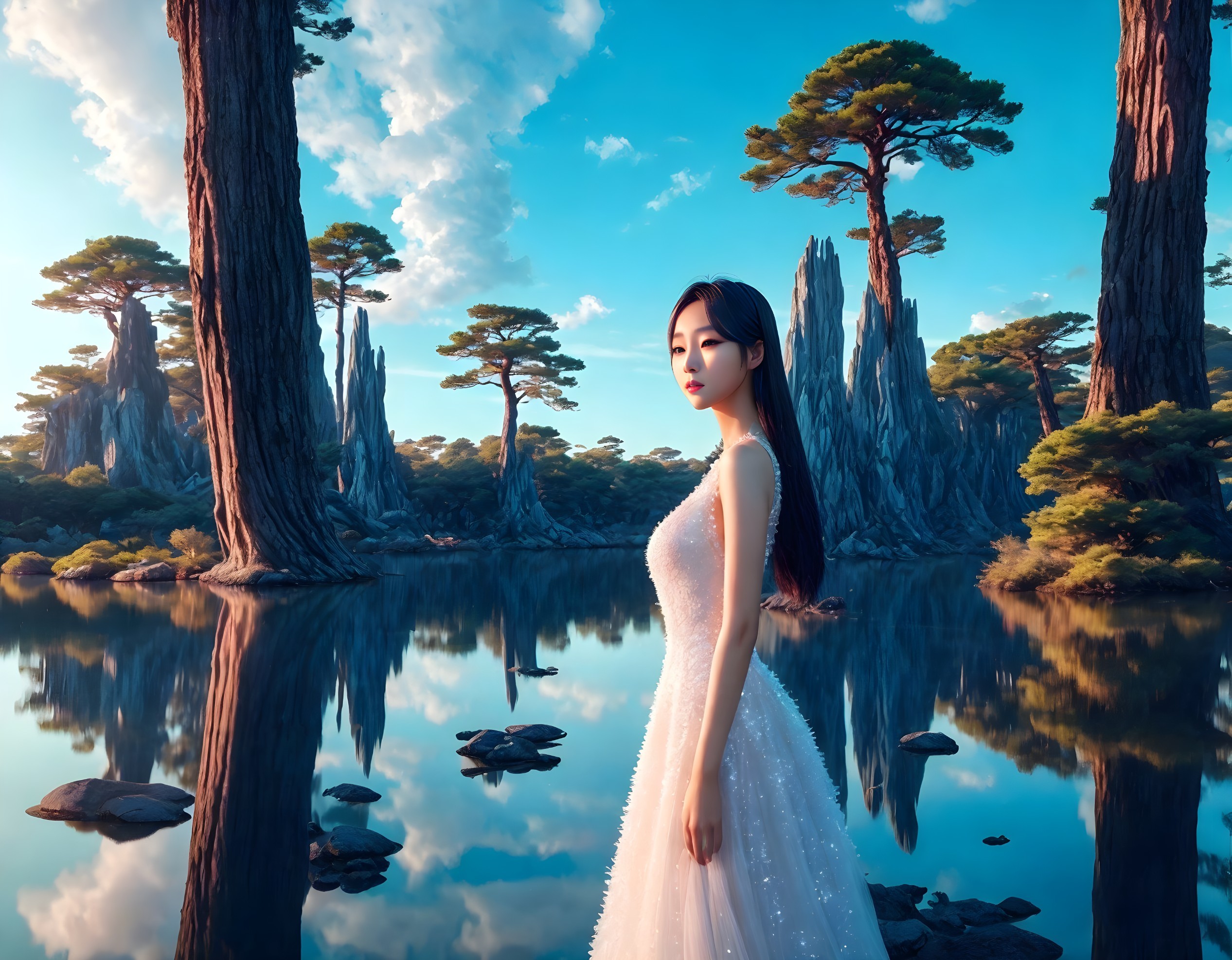Woman in White Dress by Tranquil Lake and Trees