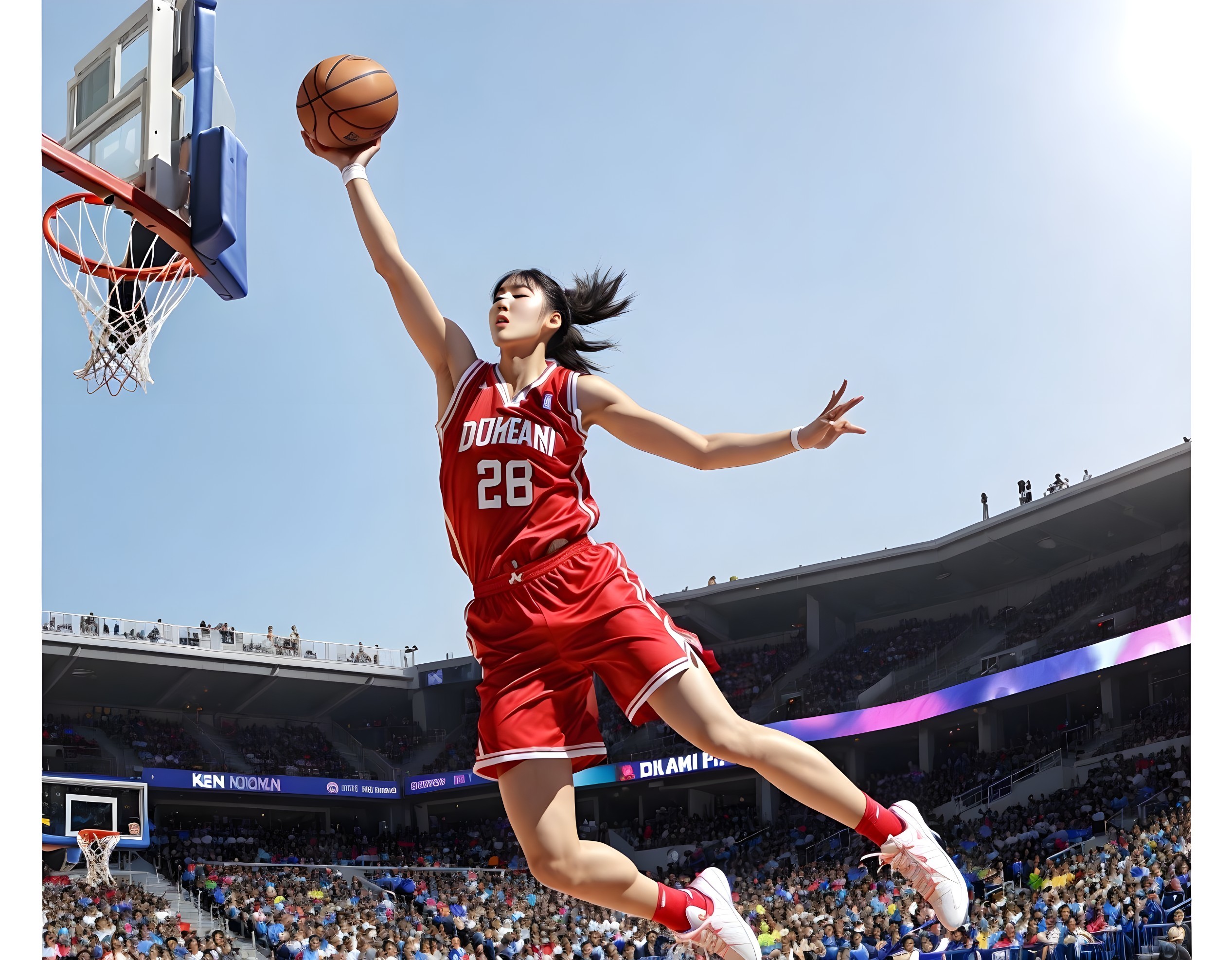 Basketball player mid-air attempting layup at outdoor court