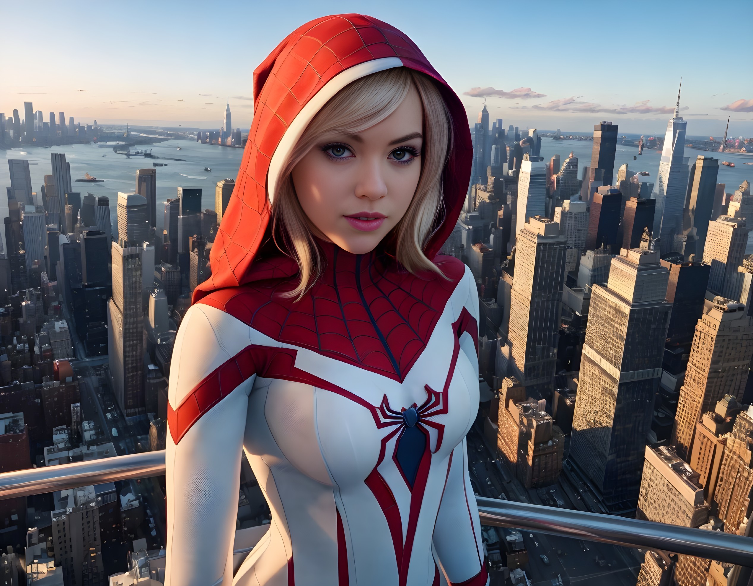 Cosplayer in Red & White Spider-Woman Suit on Rooftop