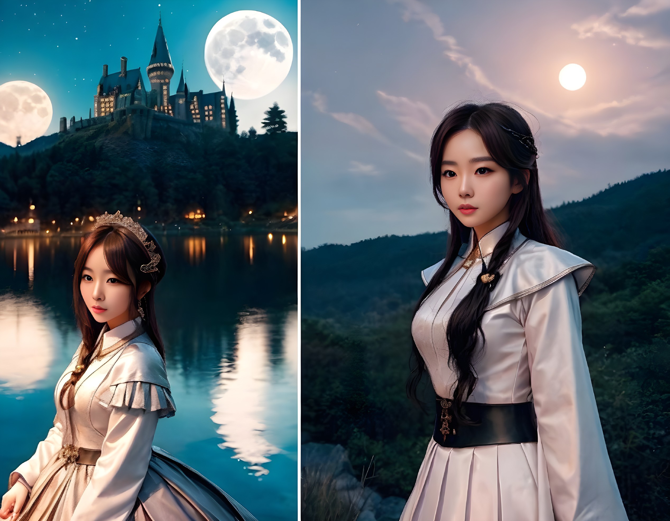 Split-image: Castle by lake under moonlit sky & woman in historical dress with moon backdrop