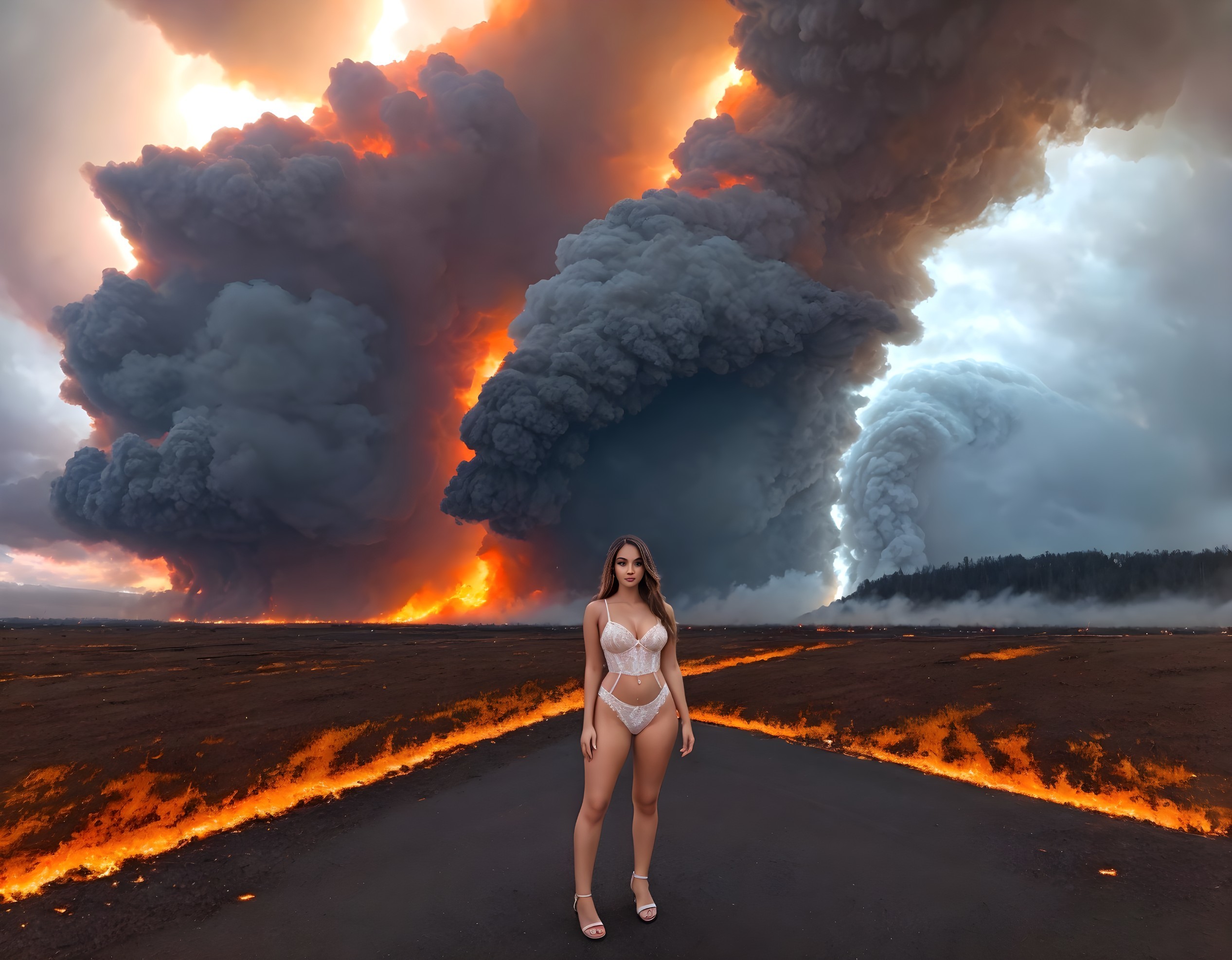 Person in light attire on road with fiery volcanic eruptions and smoke clouds.