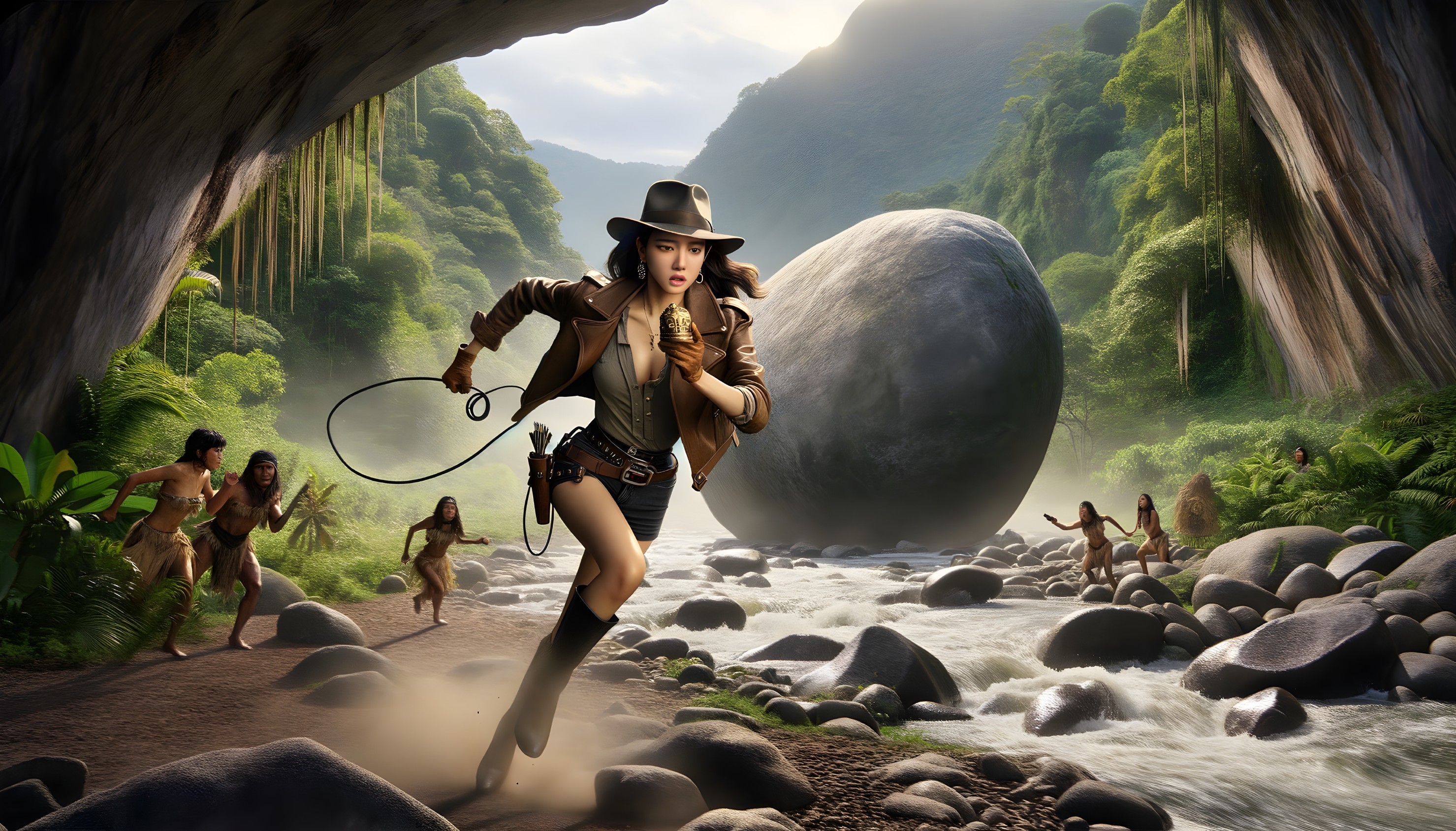 Woman in Adventurer Outfit in Jungle Escape Scene