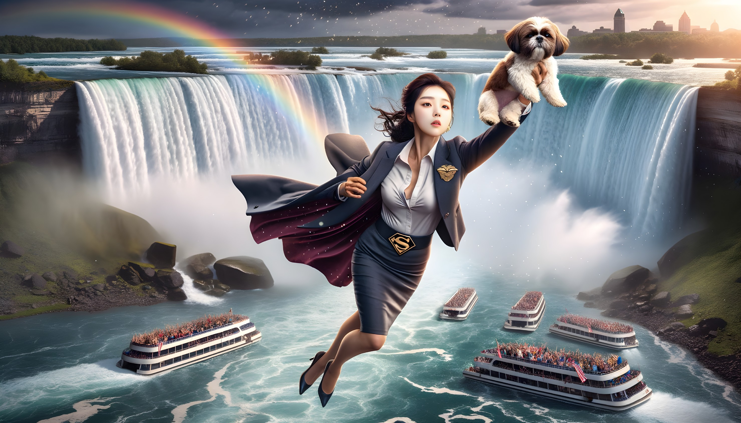 Woman in Flight Attendant Uniform Over Niagara Falls