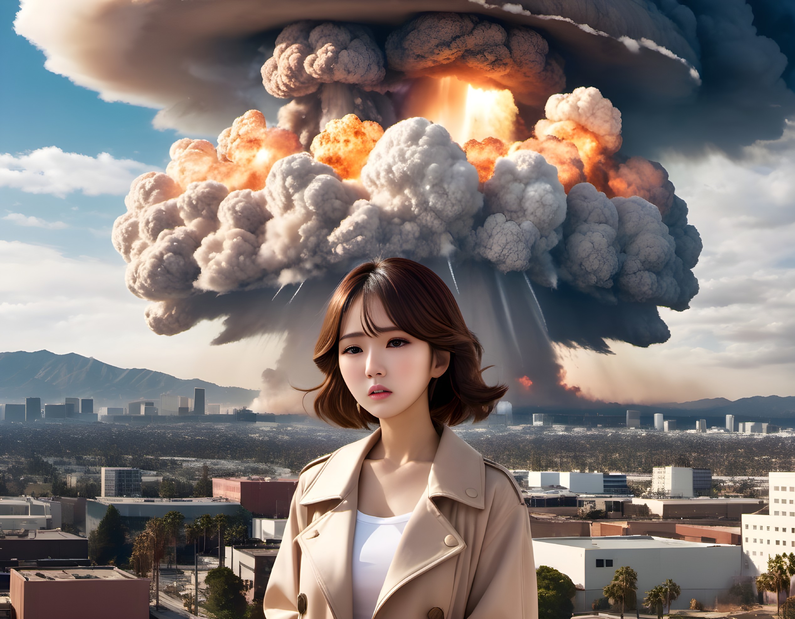 Woman in front of mushroom cloud over cityscape