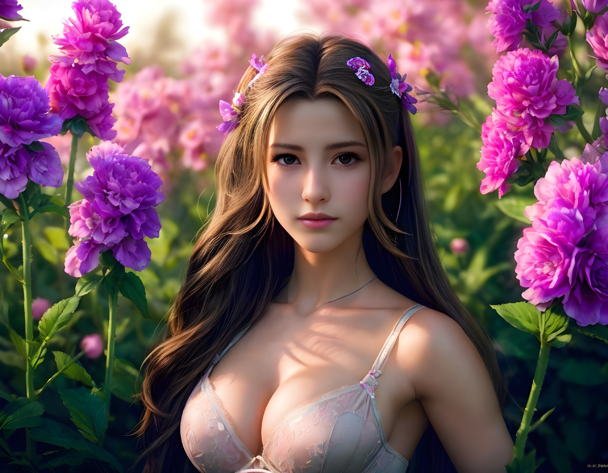 Long-haired woman with purple flowers in hair among pink peonies