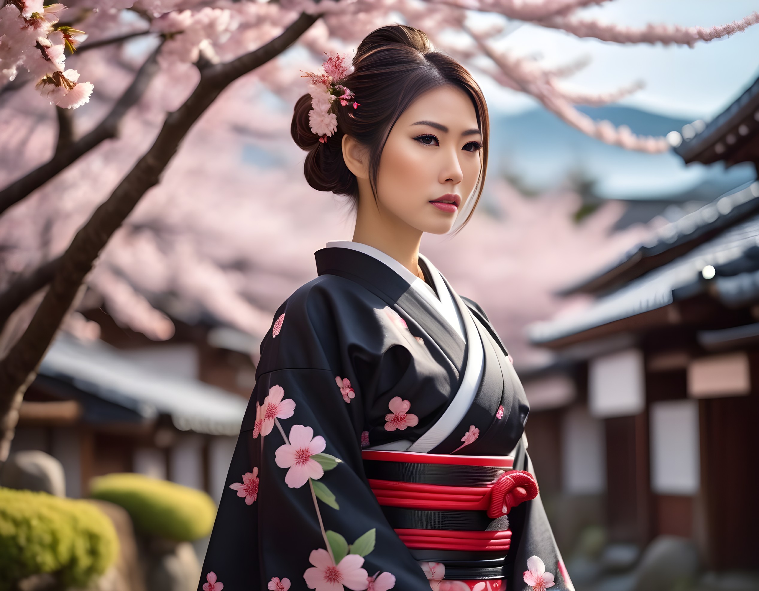 Traditional Kimono Woman in Cherry Blossom Landscape