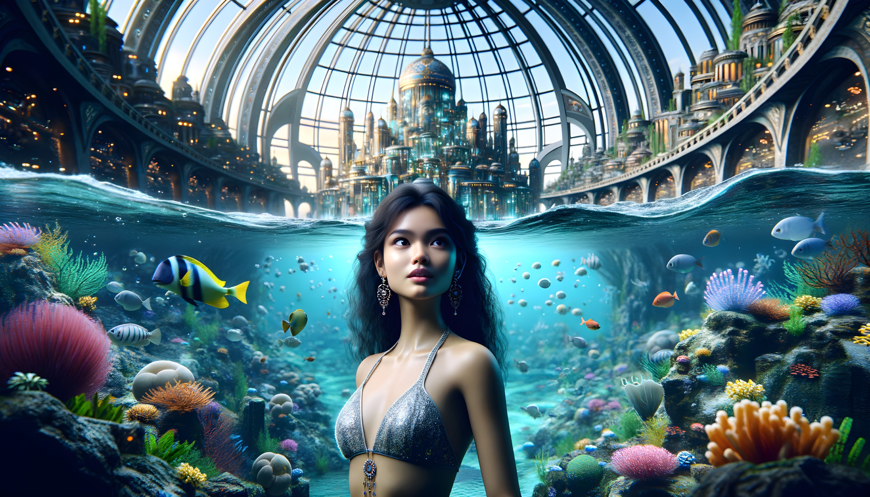 Mermaid-like woman in vibrant underwater cityscape