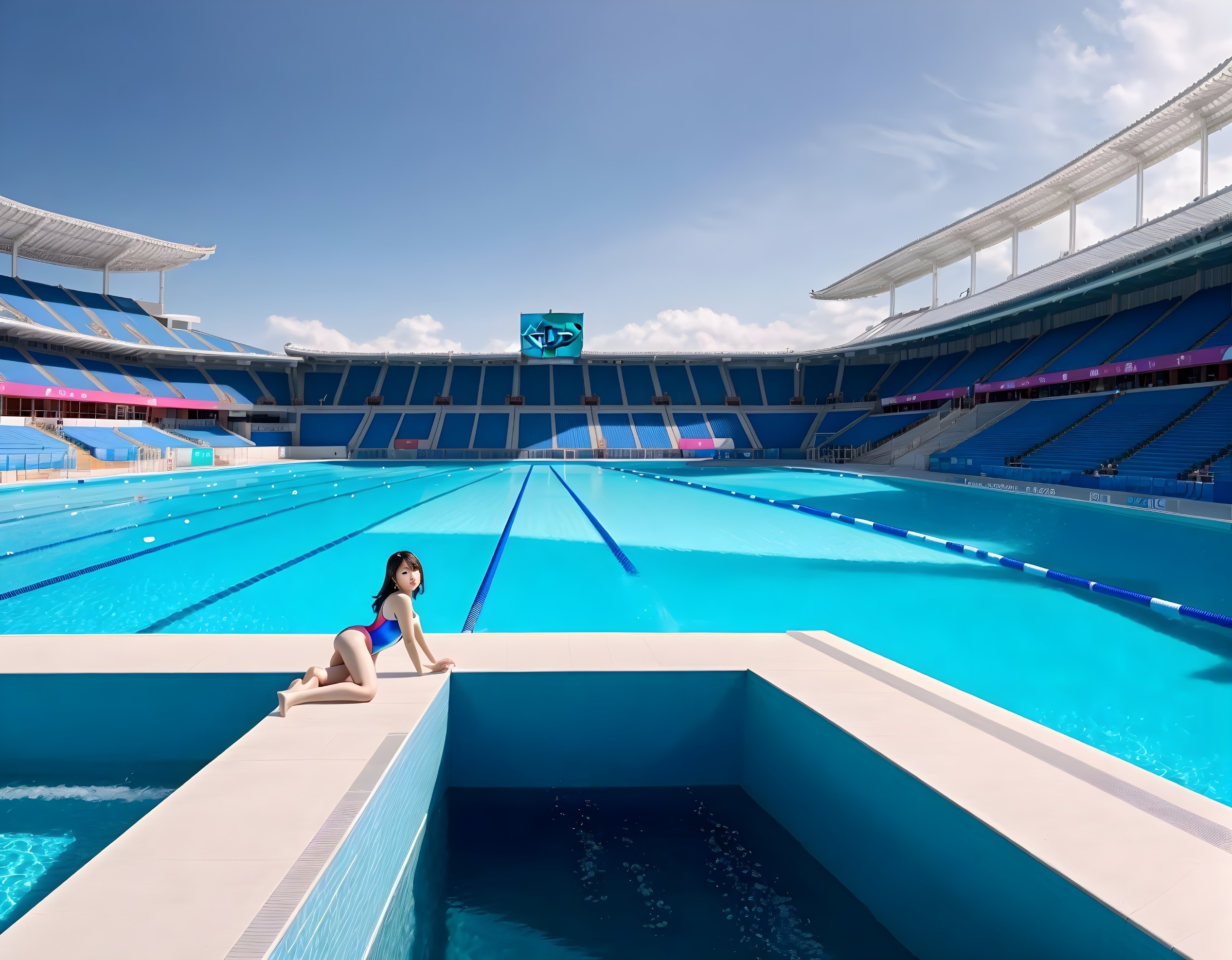 Person poised at edge of Olympic swimming pool