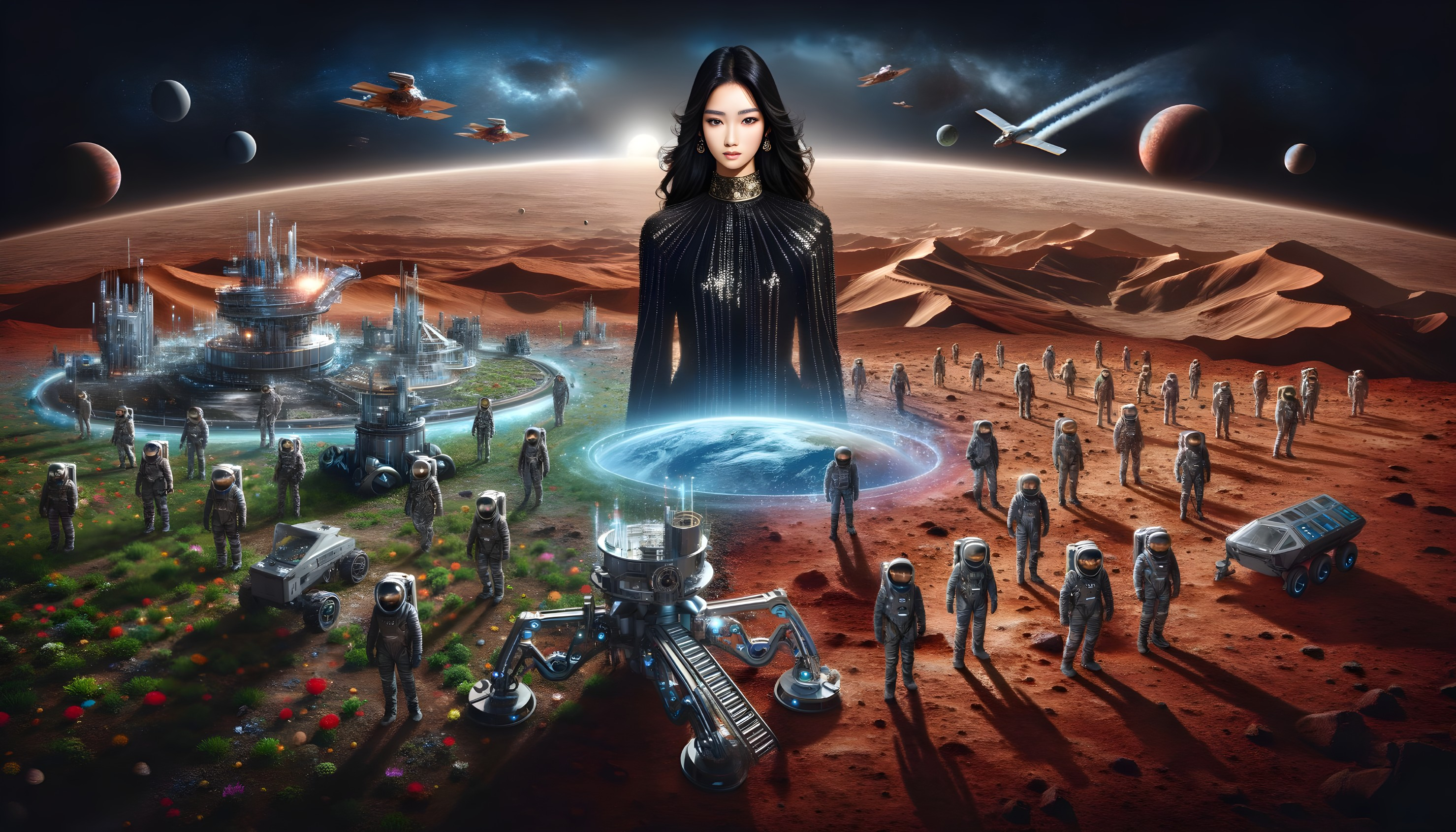 Woman in futuristic interplanetary landscape with spaceships and extraterrestrial plants