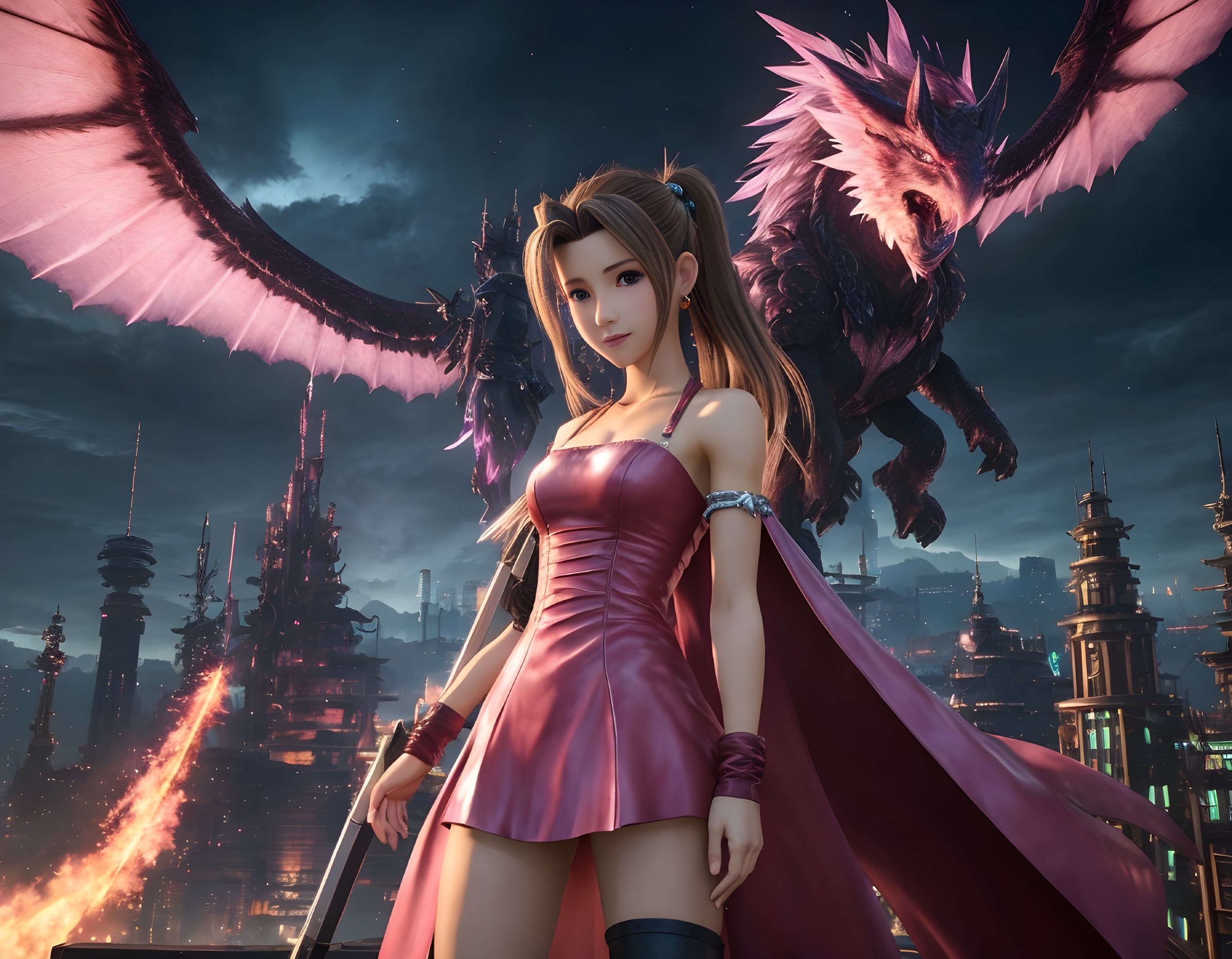 Digital art: Female character with brown hair in purple dress with winged wolf in futuristic cityscape
