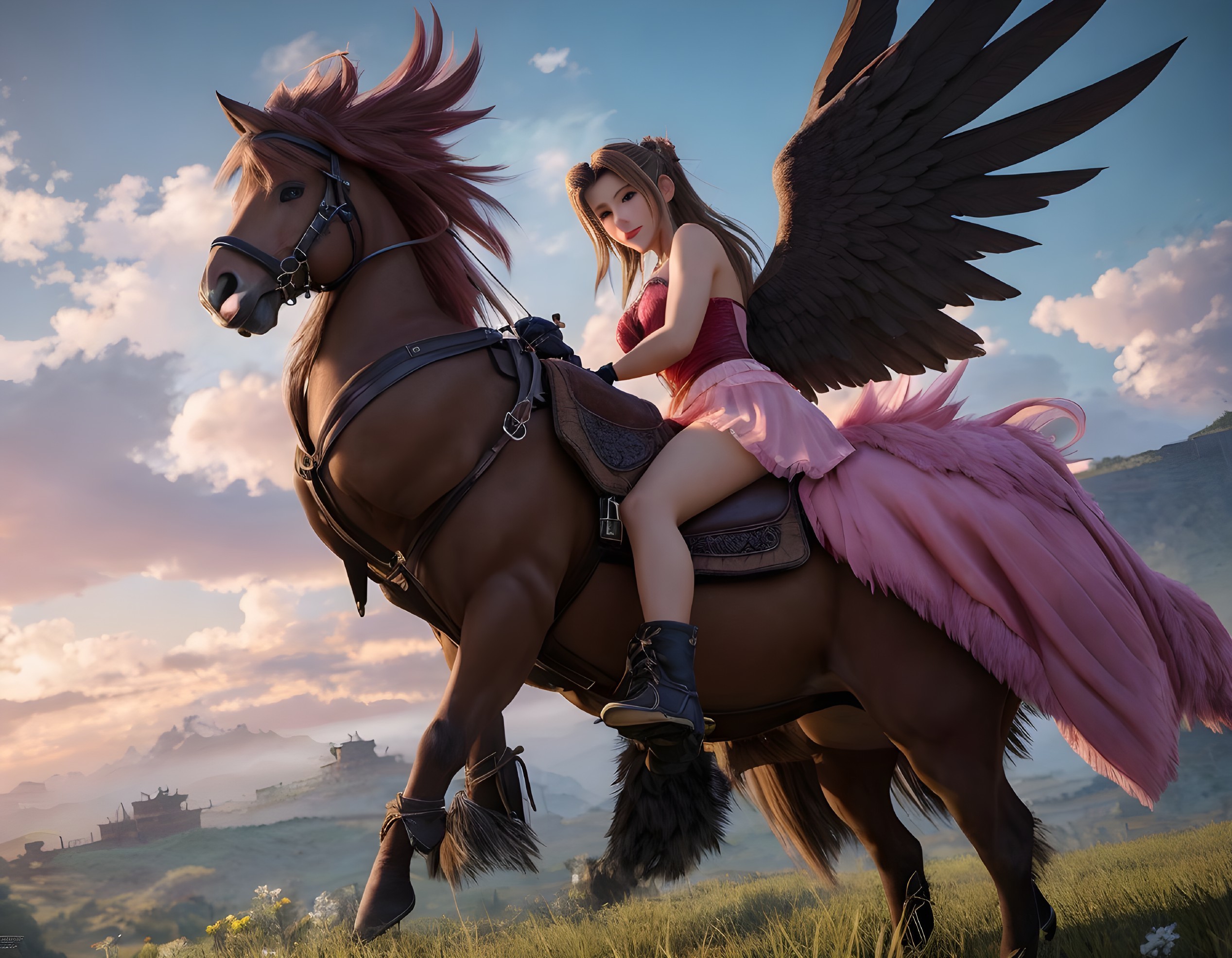 Medieval-themed artwork of a woman with angelic wings riding a majestic brown horse