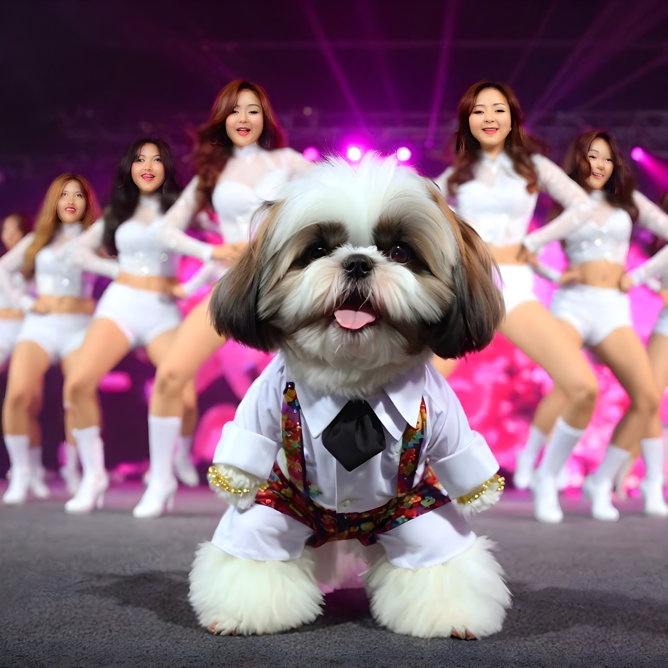 Fluffy dog in white outfit with bow tie on stage with dancers