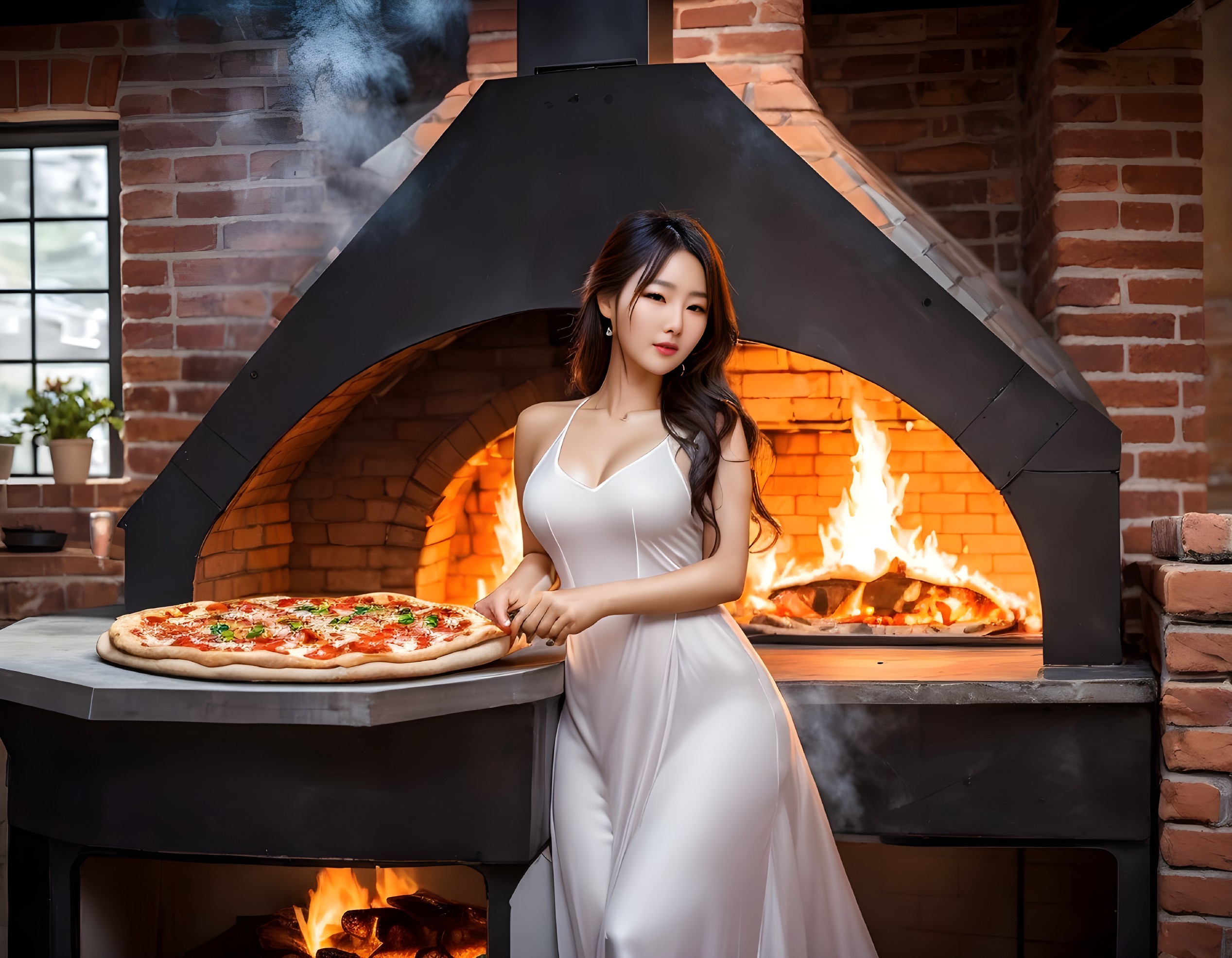Woman in White Dress with Pizza by Brick Oven