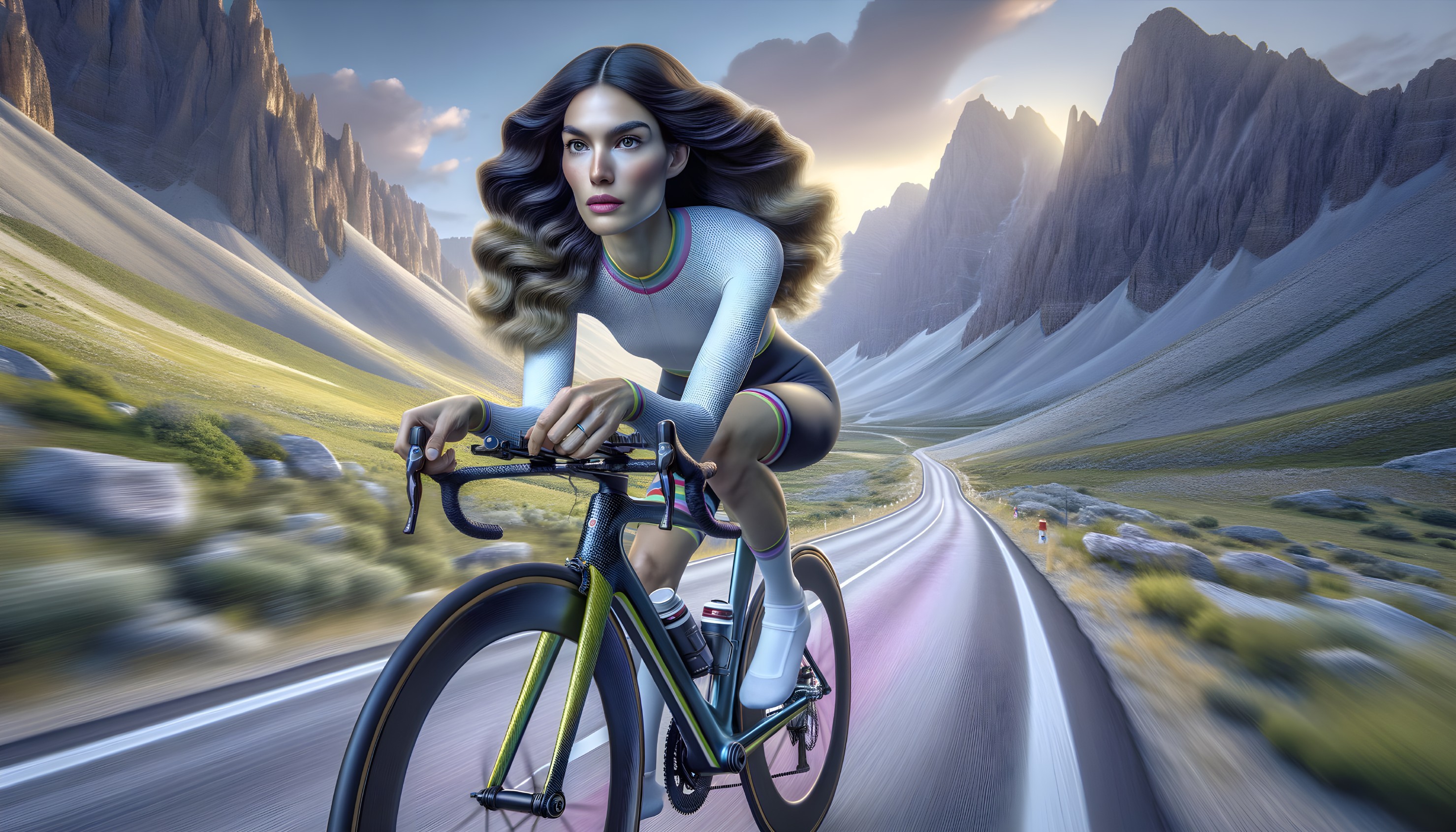 Digitally illustrated woman cycling in mountain landscape