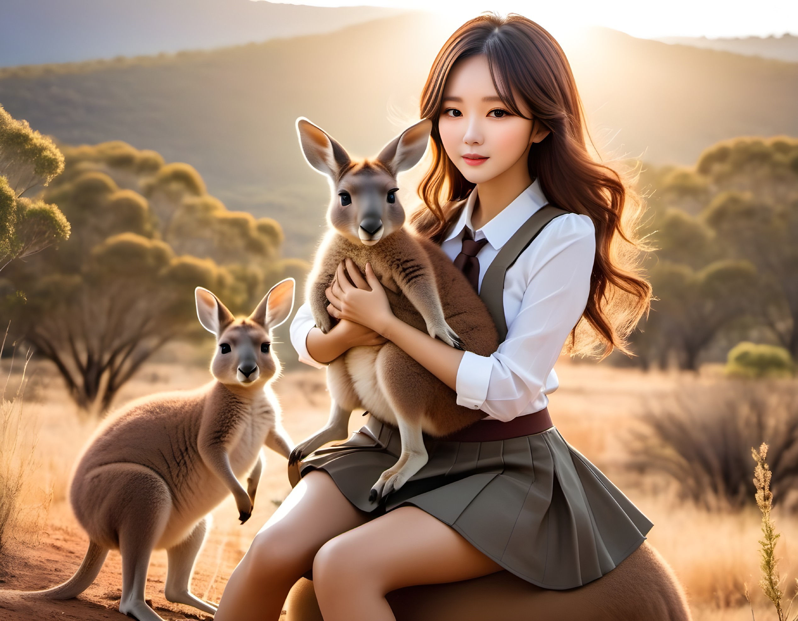 Woman with Kangaroo Joey at Sunset with Adult Kangaroos