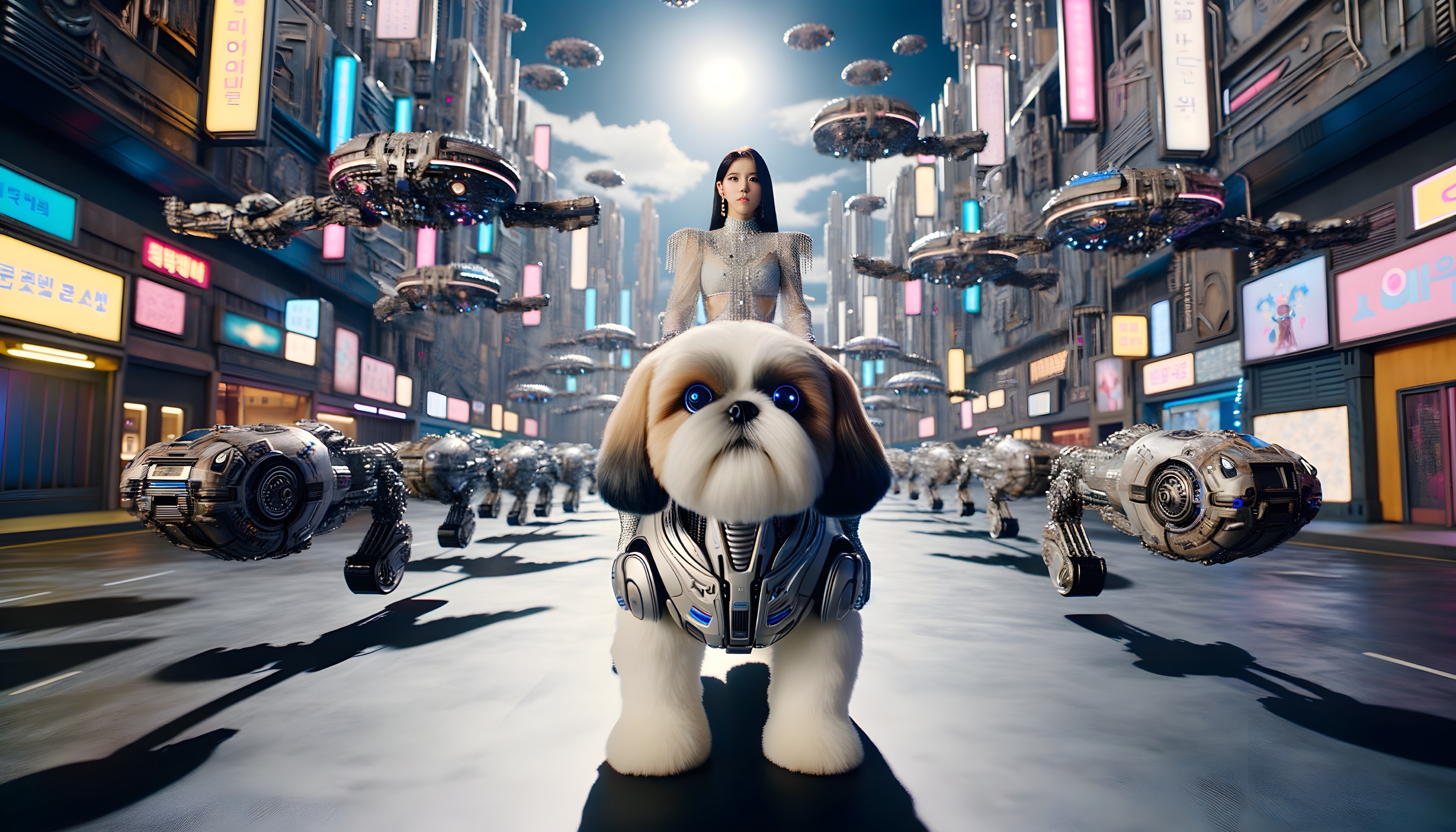 Futuristic robotic dog in neon-lit sci-fi cityscape with drones and woman pose.