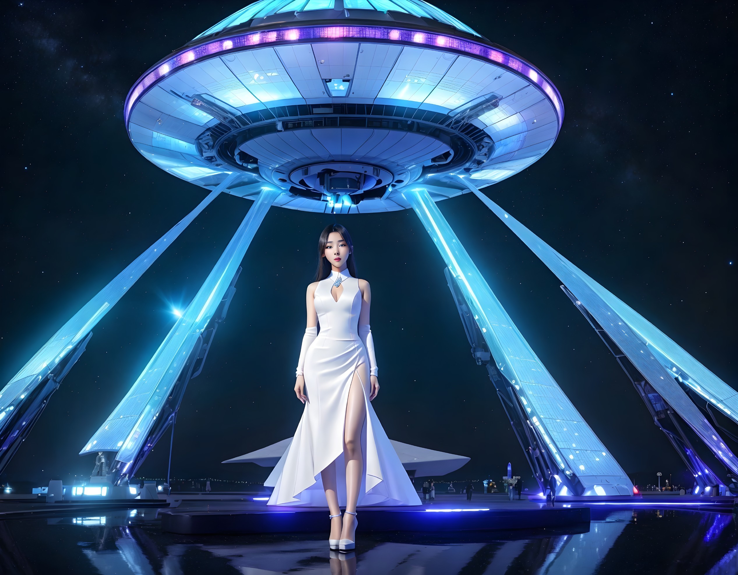 Woman in White Dress by Futuristic UFO Structure