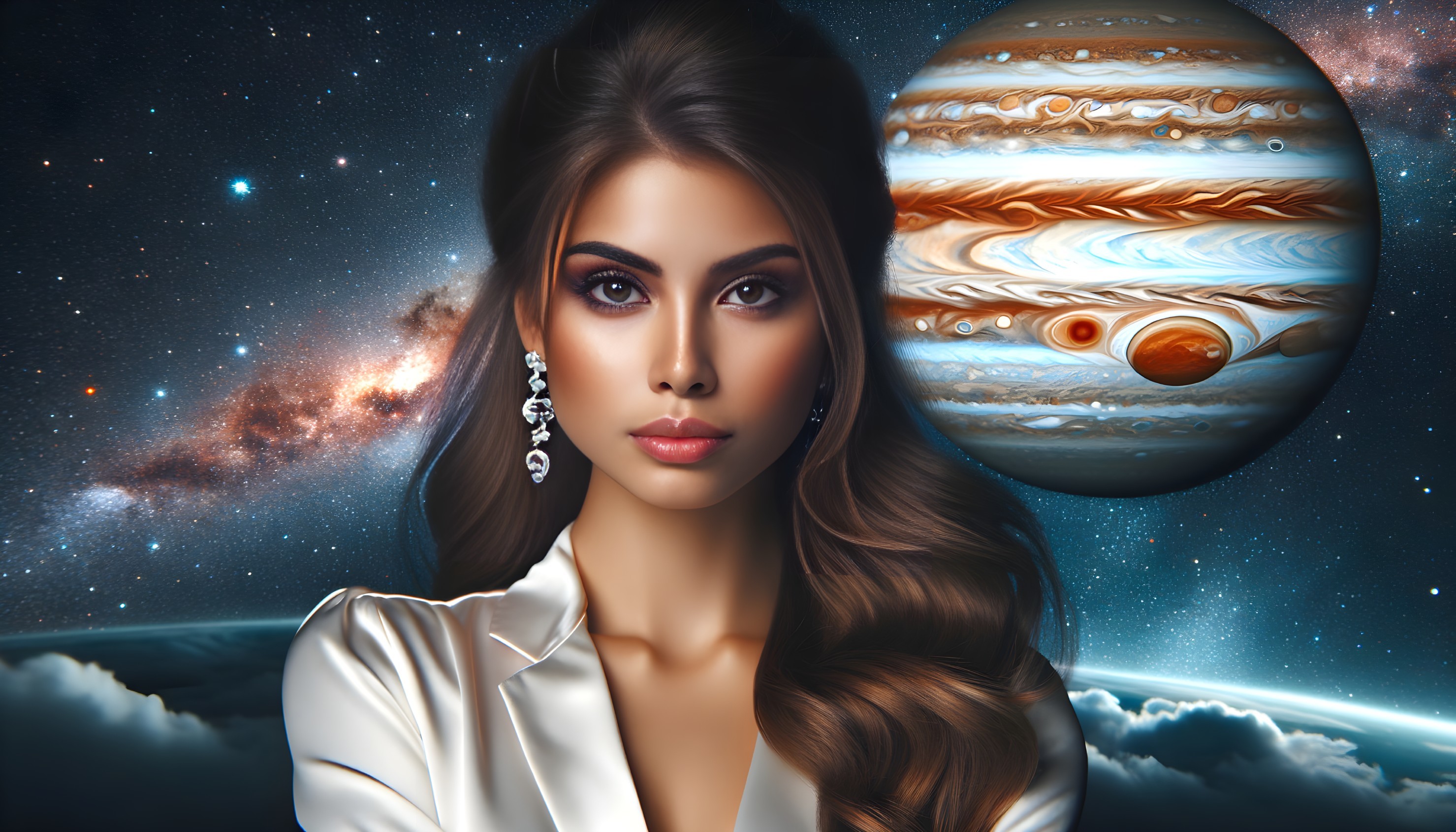 Detailed photorealistic portrait of woman with long hair and earrings against cosmic backdrop with Jupiter and stars.