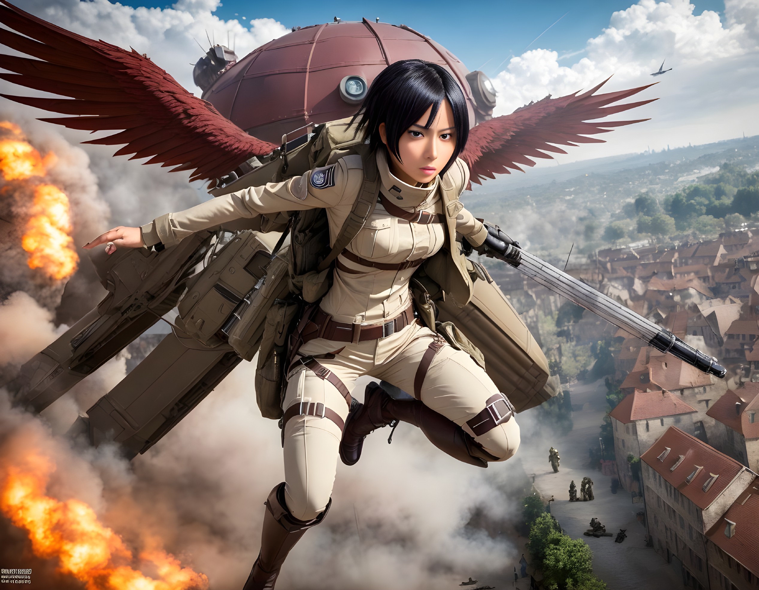 Mechanical-winged female character wields sword over war-torn town