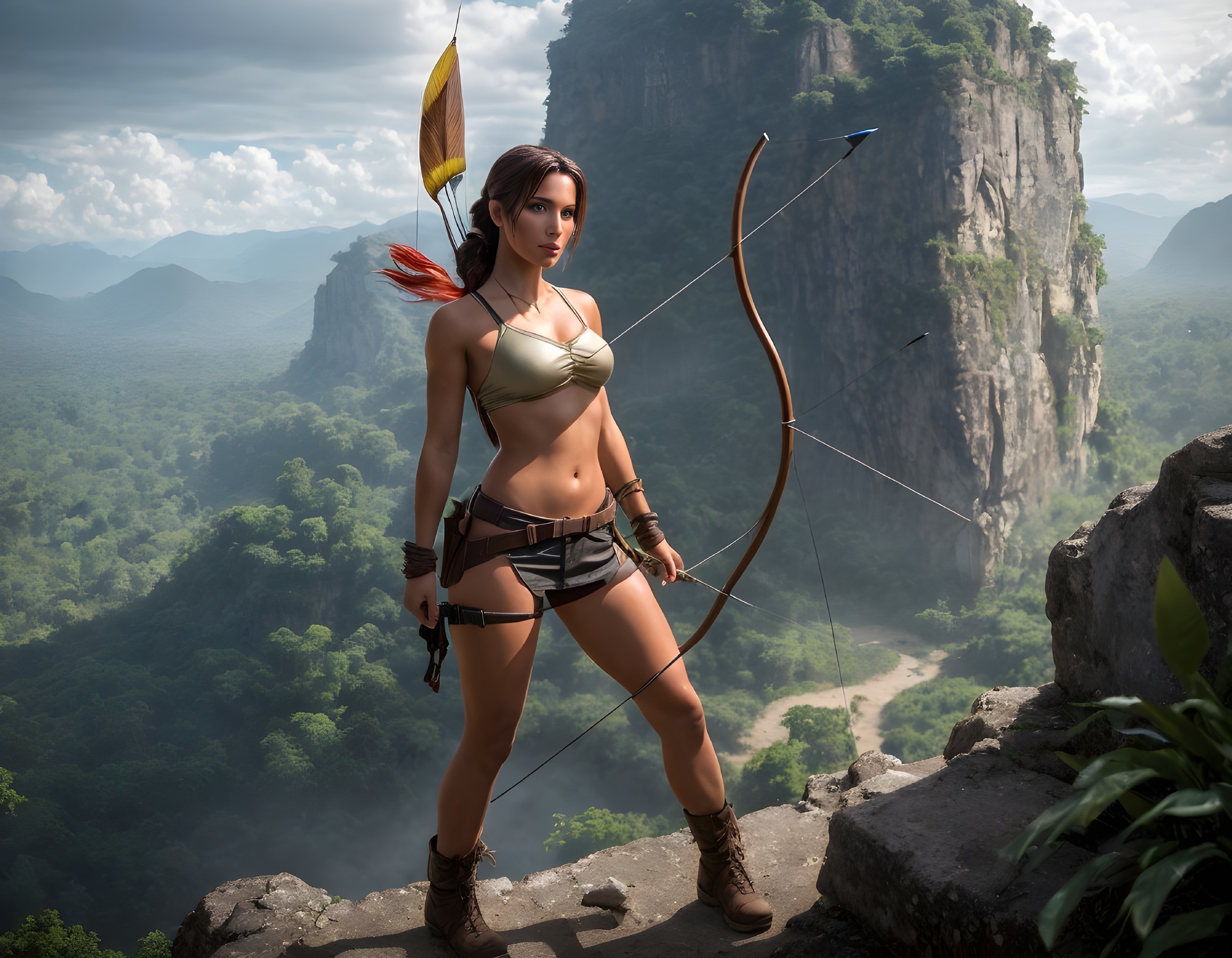 Fantasy female archer in unique outfit on rocky ledge with mountains backdrop