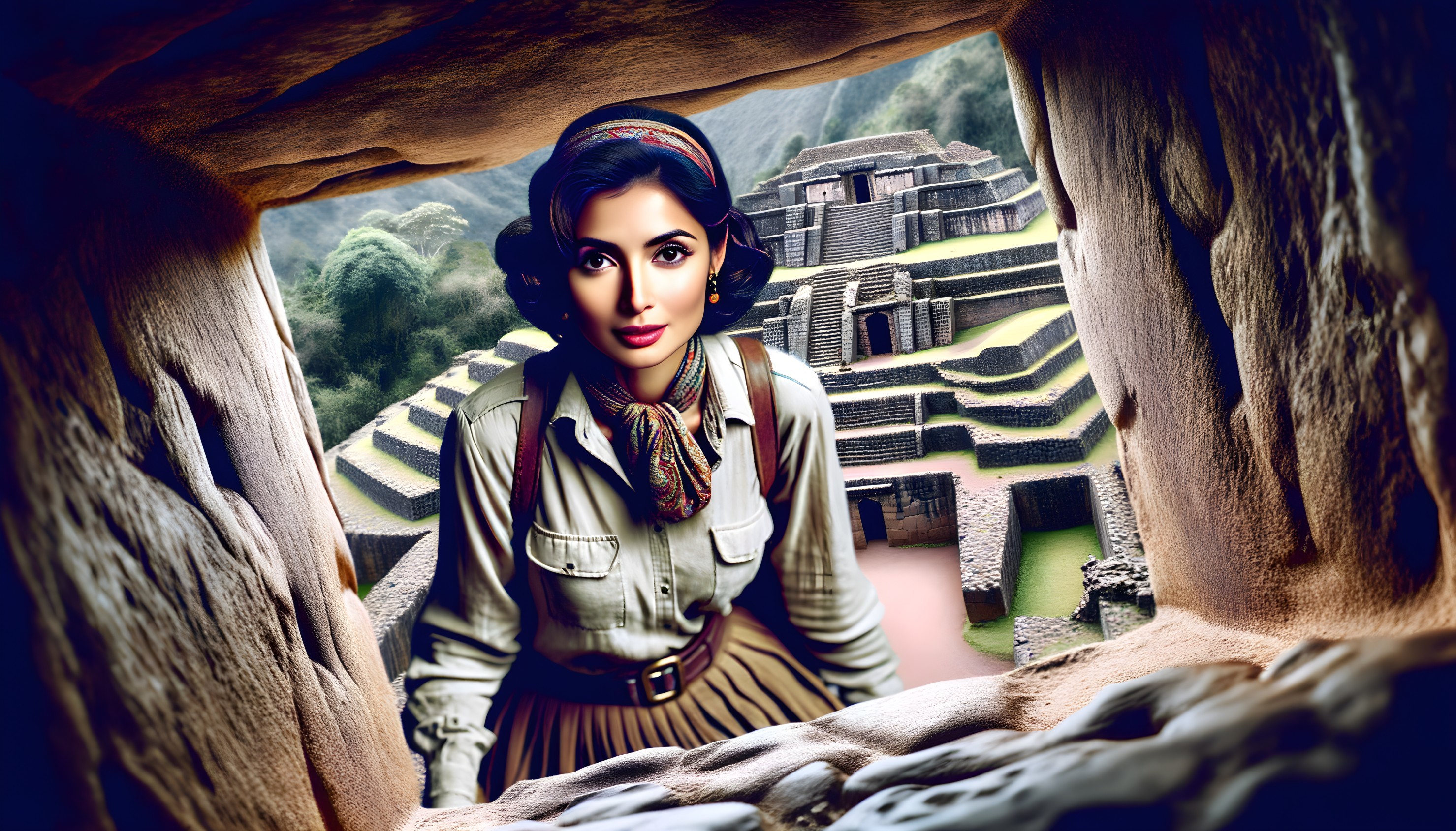 Vintage-clad woman explorer gazes at ancient ruins from a cave