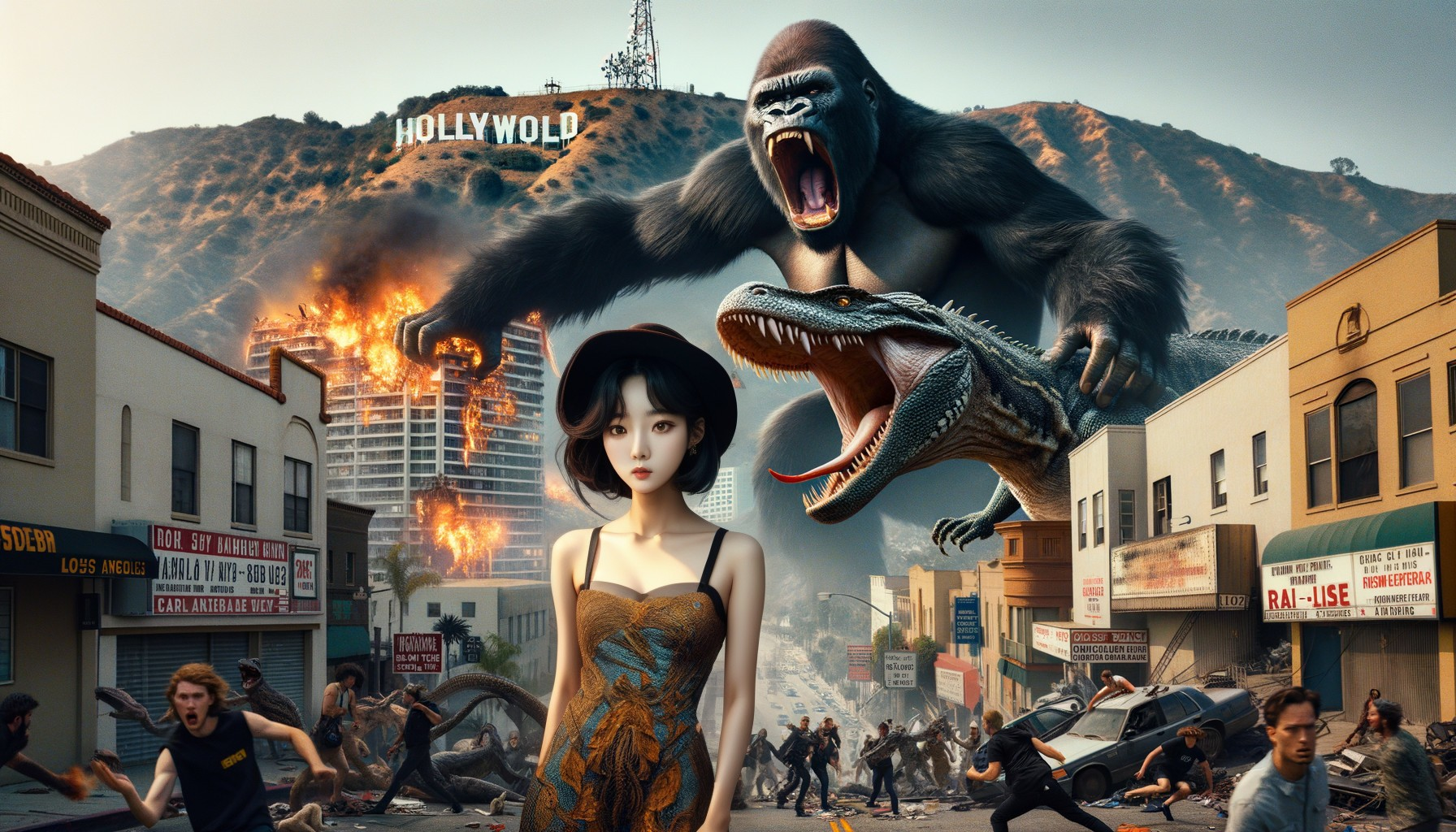 Virtual woman in chaotic street with gorilla, dinosaur, and Hollywood sign.