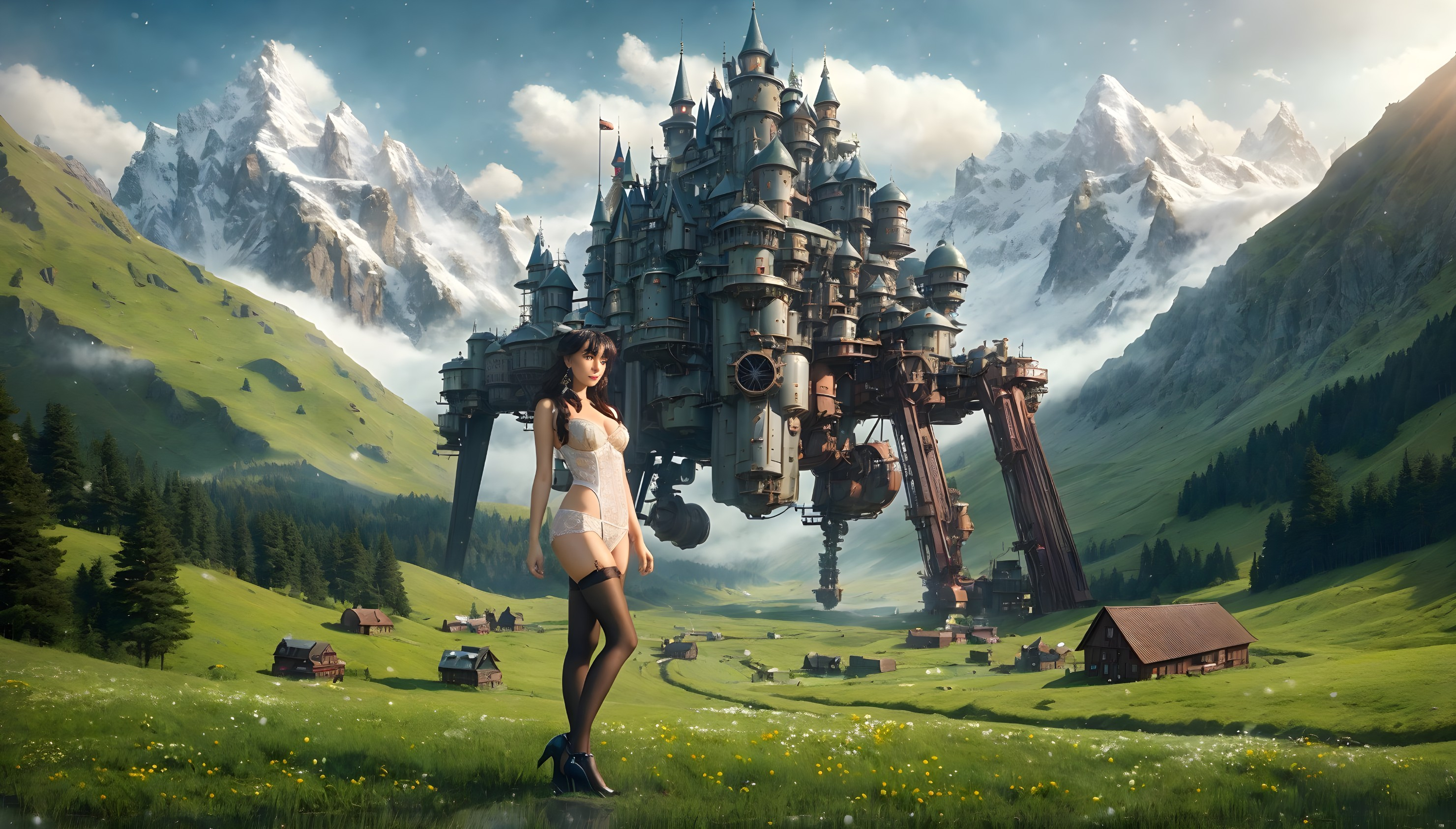 Futuristic woman near steampunk castle in mountain landscape