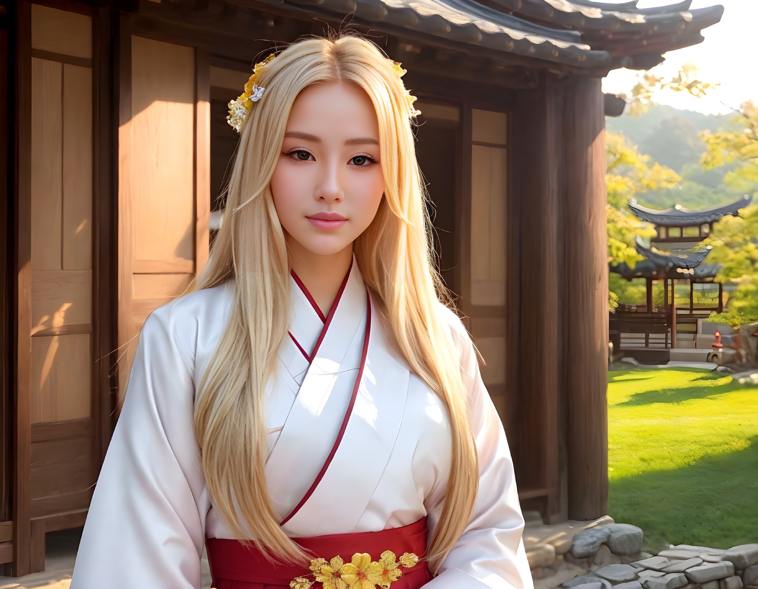 Woman in Hanbok with Flowers by Wooden Structure