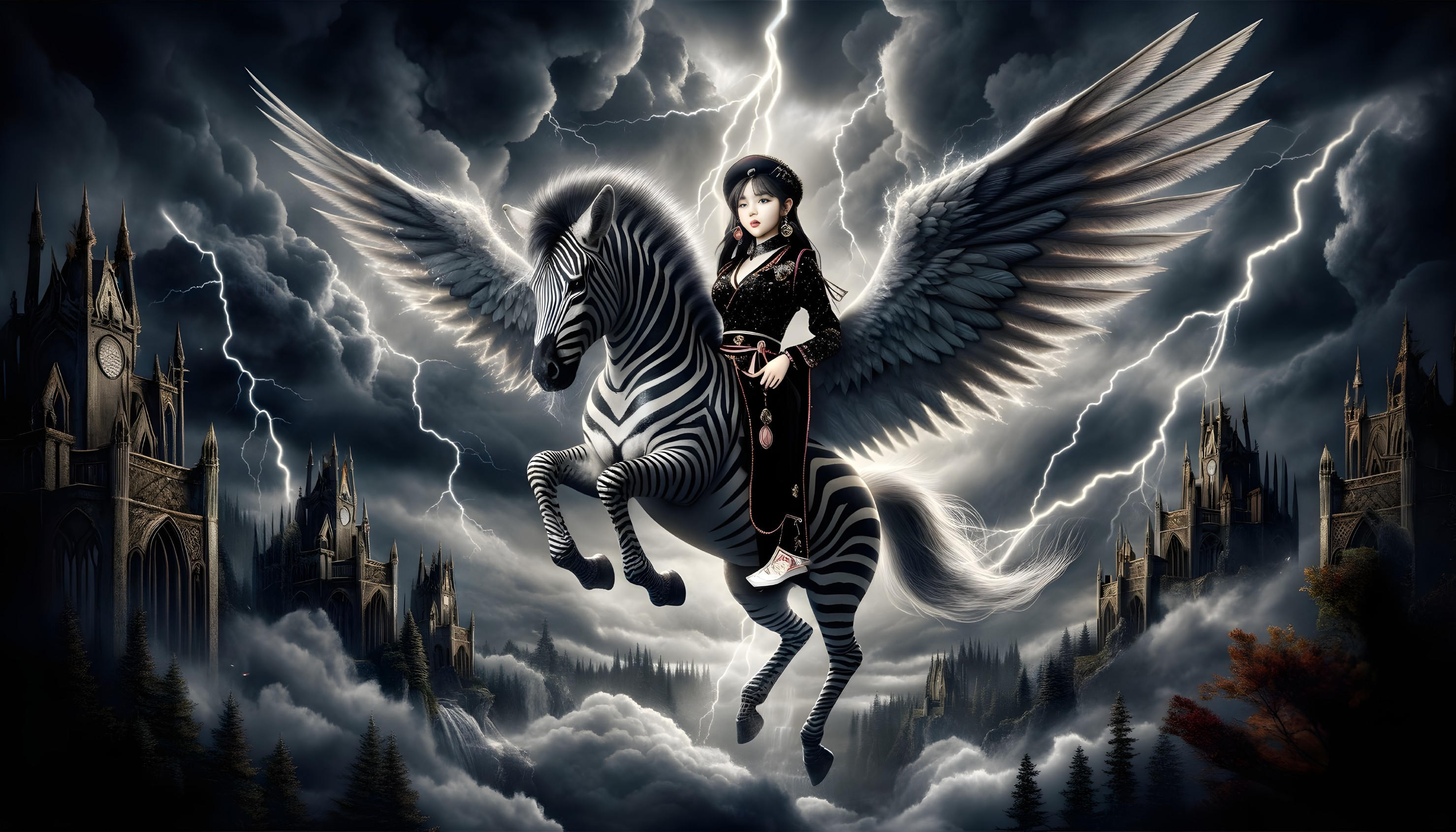 Person riding a winged zebra above stormy clouds and gothic castles