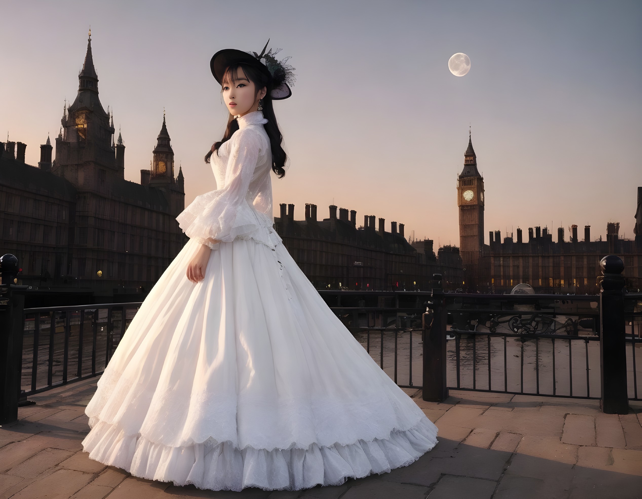 Woman in Vintage Gown by Big Ben at Twilight