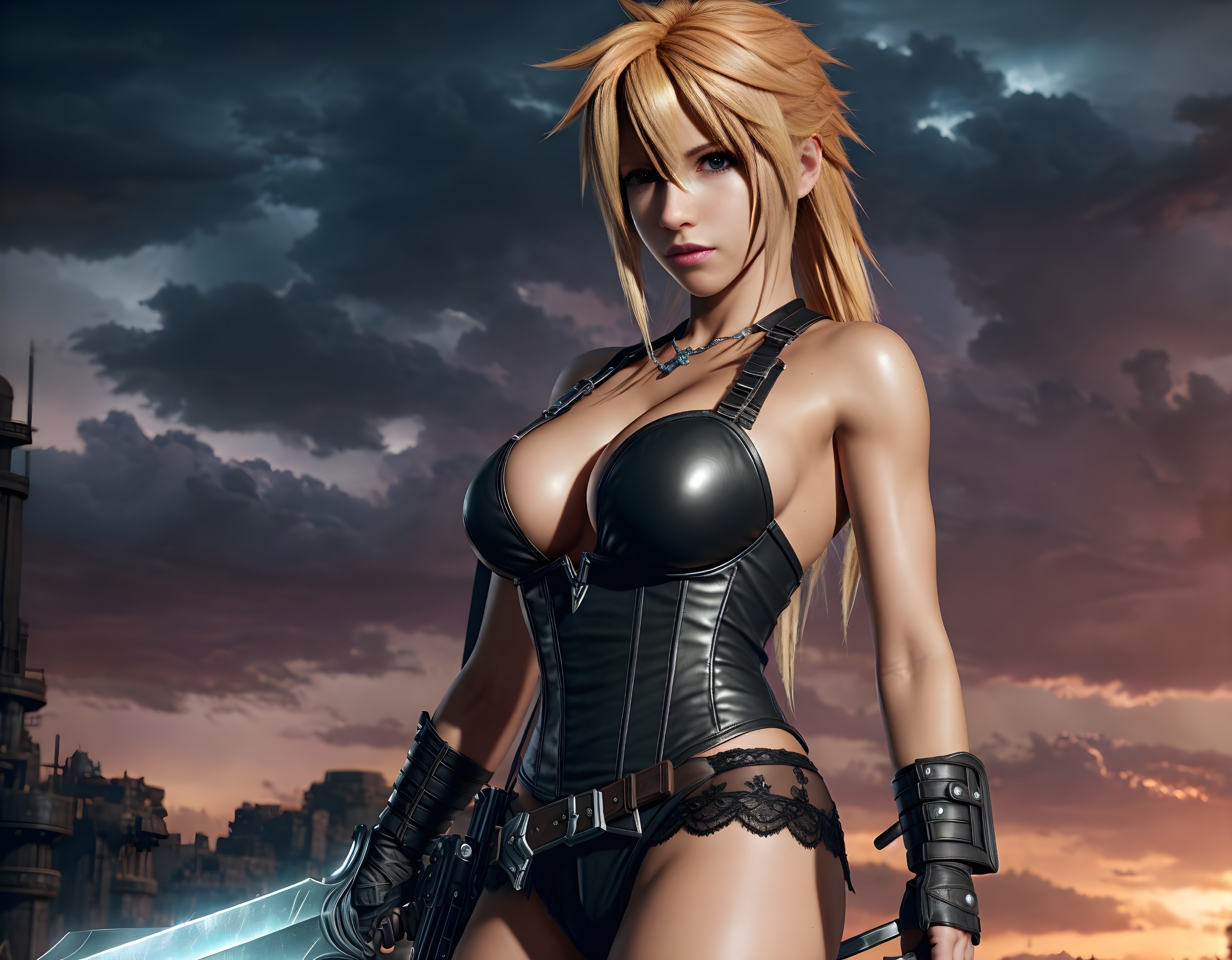 Blonde female warrior with sword in black outfit against cityscape.